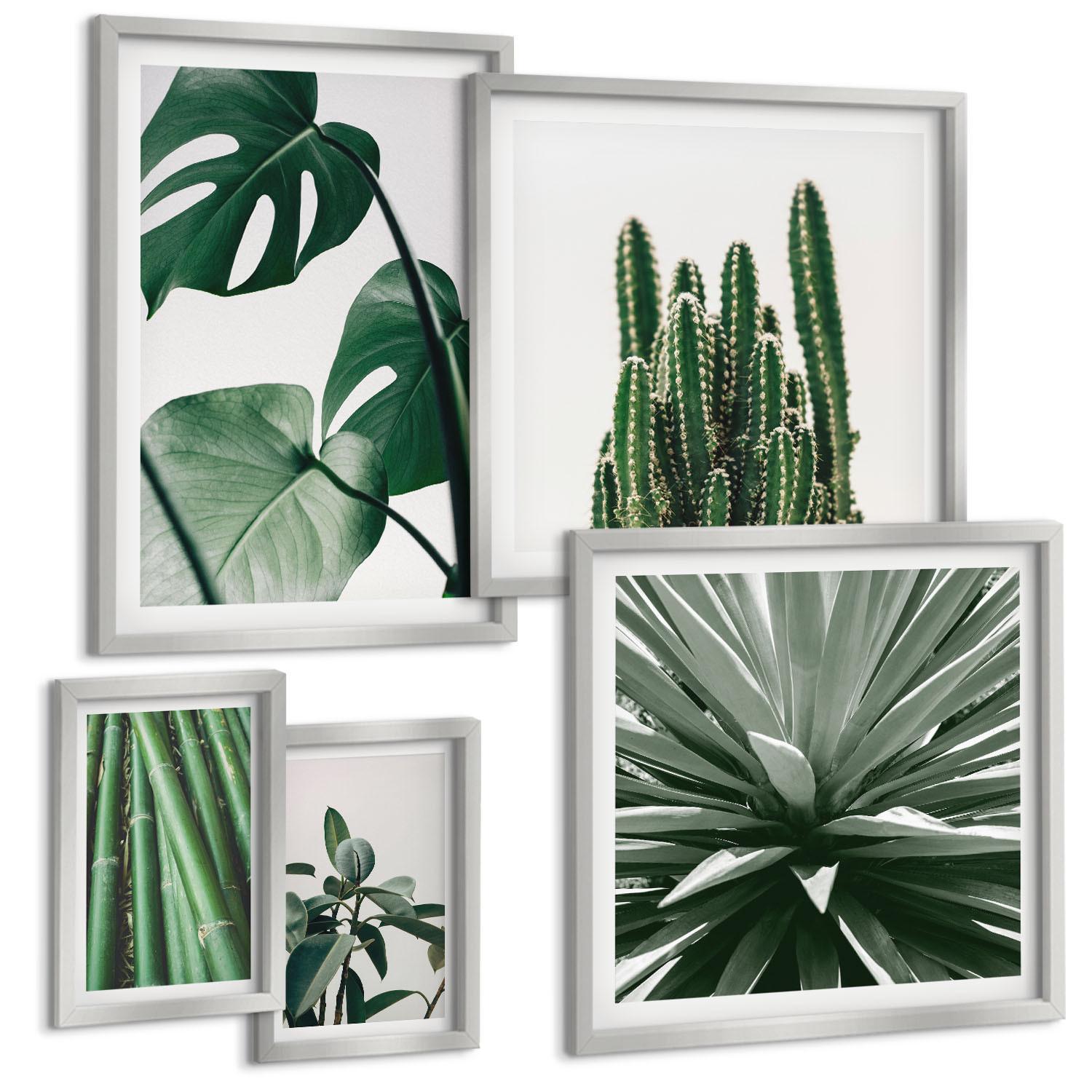 BILDER SET 5er Set - 50x50 cm & 20x30 cm & 40x60 cm Silberner Rahmen - Bambusblätter - Silberfarben, Kunststoff (40/60cm) - TULUP