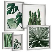 BILDER SET 5er Set - 50x50 cm & 20x30 cm & 40x60 cm Silberner Rahmen - Bambusblätter - Silberfarben, Kunststoff (40/60cm) - TULUP