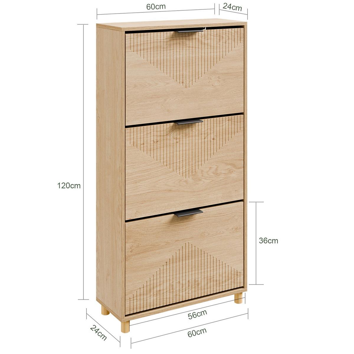 SCHUHSCHRANK mit 3 Klappen, Schuhkipper 60x24x120cm - Naturfarben, Holzwerkstoff (24/120/60cm) - SoBuy