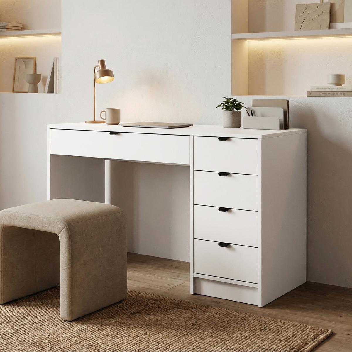 SCHREIBTISCH Malta mit 5 Schubladen, mit Griffen, Weiß - Schwarz/Weiß, Holzwerkstoff/Metall (57/120/75.5cm) - Beautysofa