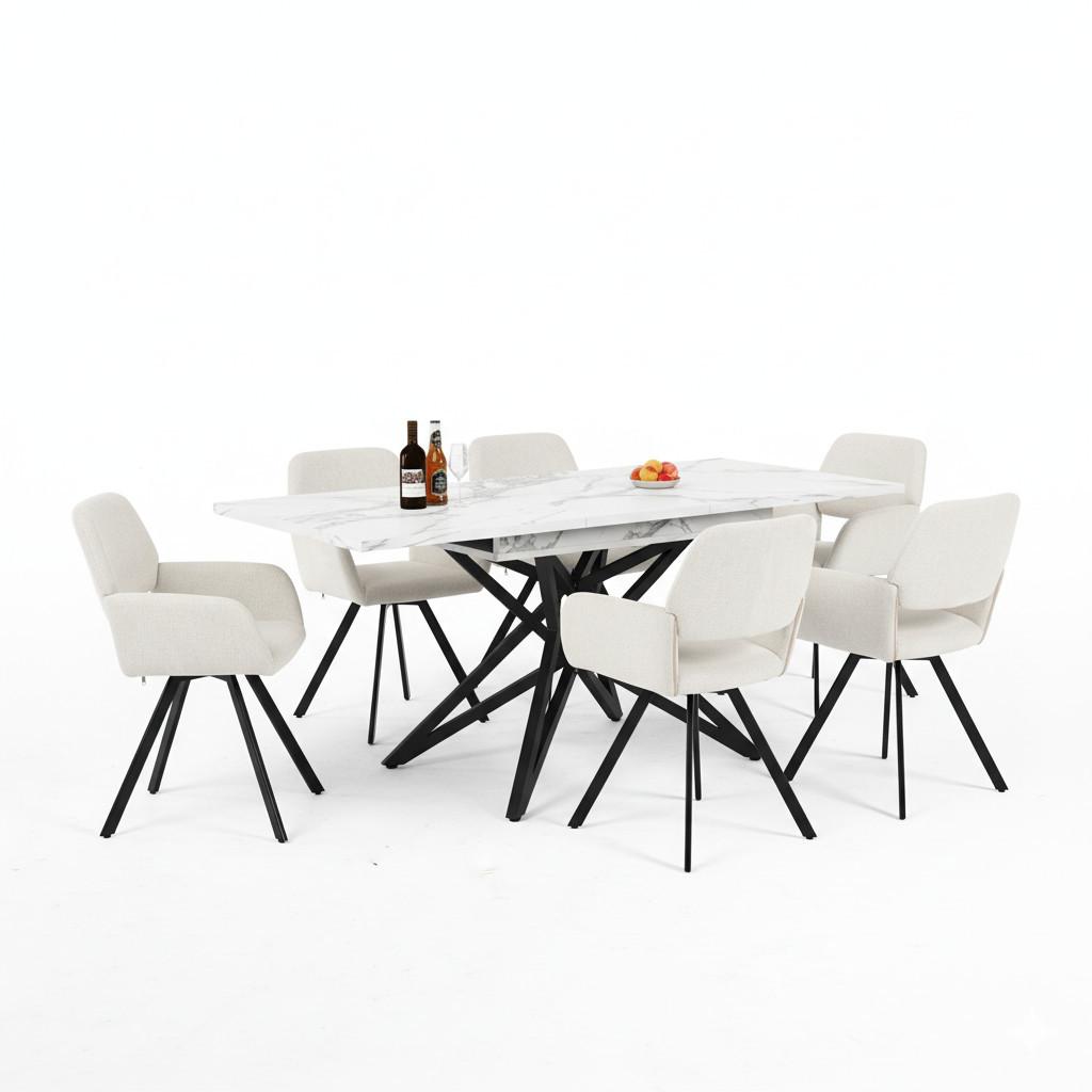TISCHGRUPPE 7-teilig Ausziehtisch Marmoroptik Weiß & 6x 360° Drehstühle mit Armlehnen - Schwarz/Weiß, Holzwerkstoff/Textil (160/66/80cm) - Urban Meuble