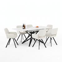 TISCHGRUPPE 7-teilig Ausziehtisch Marmoroptik Weiß & 6x 360° Drehstühle mit Armlehnen - Schwarz/Weiß, Holzwerkstoff/Textil (160/66/80cm) - Urban Meuble