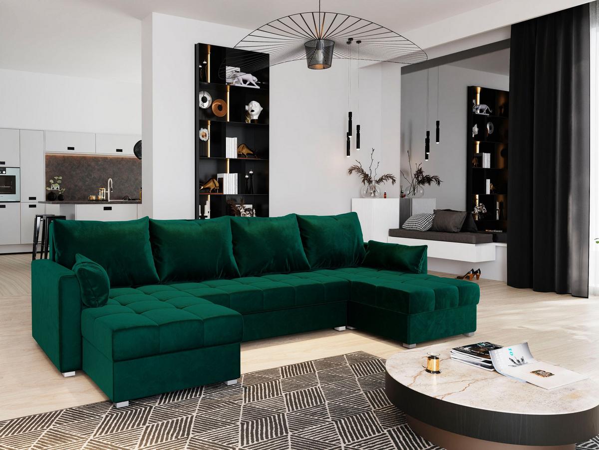 WOHNLANDSCHAFT NAKO Grün Plüsch-Stoff mit Schlaffunktion - Grau/Grün, Holz/Kunststoff (285/85/140cm) - MASSENO