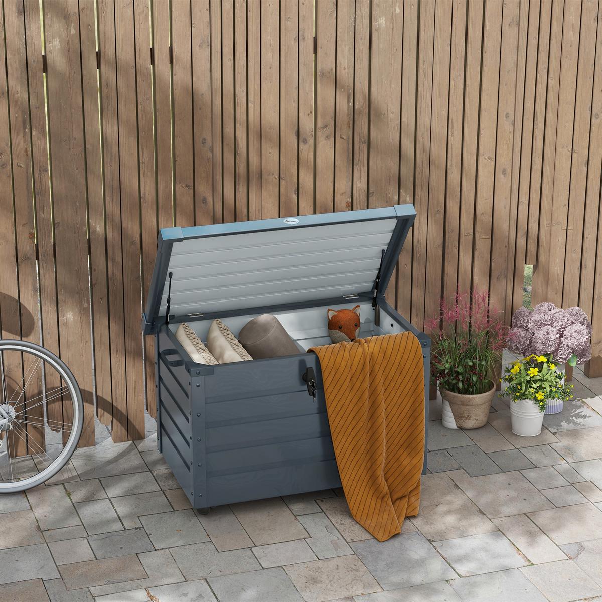 AUFBEWAHRUNGSKISTE mit Rollen mit Schloss, für Balkon, Terrasse, Stahl, Dunkelgrau - Dunkelgrau, Metall (62/65/100cm) - Outsunny