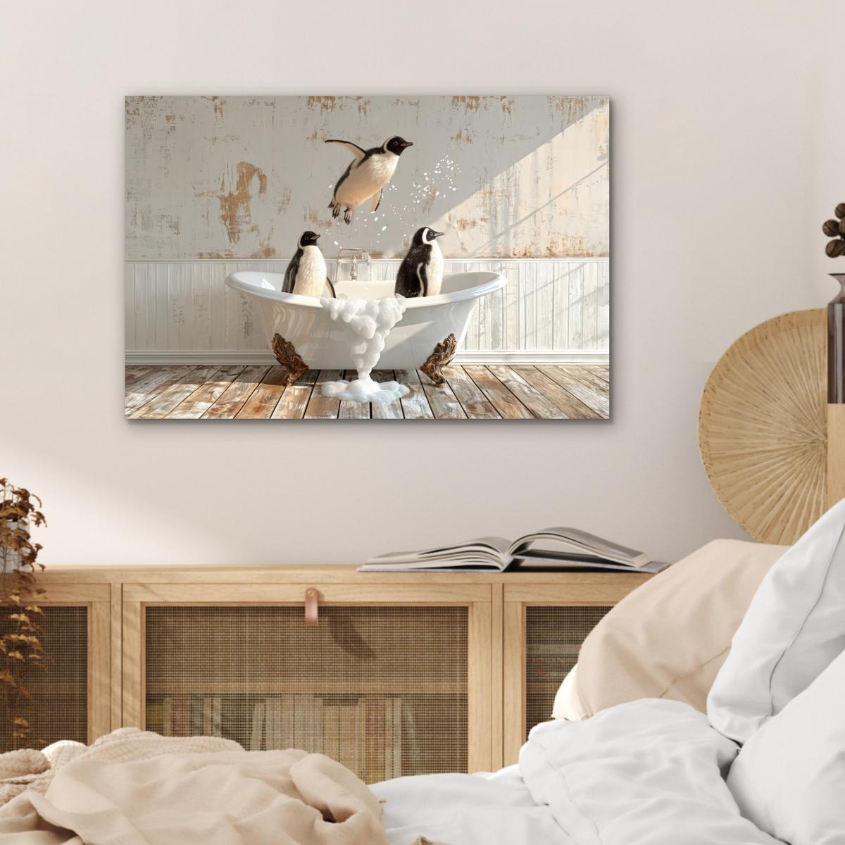 METALLBILD Vintage - Pinguin - Badewanne - Schaumstoff Wandbild 60x40 cm - Schwarz, Metall (60/40cm) - MuchoWow