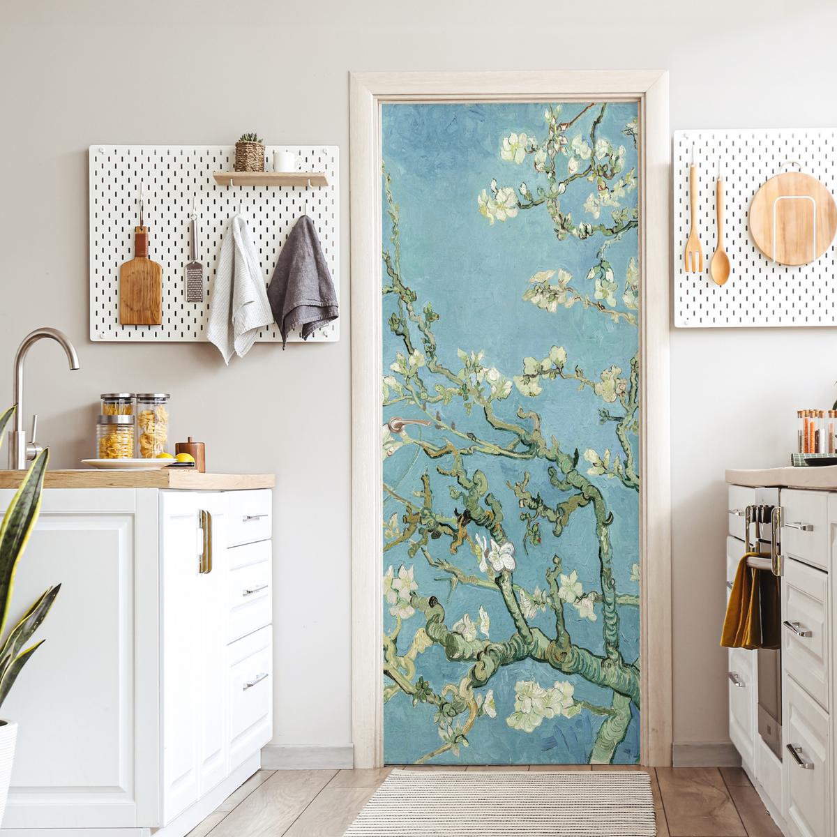 TÜRAUFKLEBER Selbstklebend - Mandelblüte - Van Gogh - Kunst 85x205 cm - Türtapete - Pastellblau, Kunststoff (85/205cm) - MuchoWow