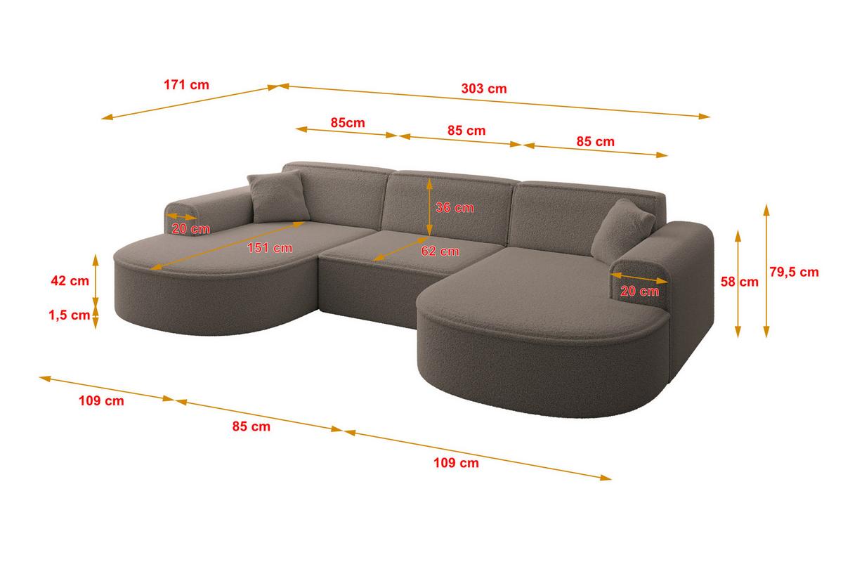 WOHNLANDSCHAFT MARI-U1 - 303x171x79 cm Braun Bouclé - Schwarz/Braun, Holzwerkstoff/Kunststoff (303/79/171cm) - ALTDECOR