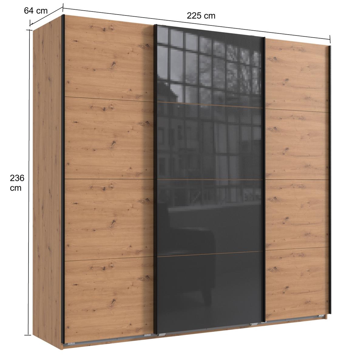 SCHWEBETÜRENSCHRANK 3-türig B225/H236/T64 cm extrahoch in Eiche Artisan Dekor, Kleiderschrank mit einer Glasfront-Tür in Grau / 22545 - Eichefarben/Goldfarben, Holzwerkstoff/Metall (225/236/64cm) - luma-home