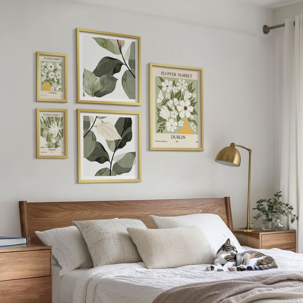 BILDER SET 5er Set - 50x50 cm & 20x30 cm & 40x60 cm Goldrahmen - Blumenmuster London Dublin - Goldfarben, Kunststoff (40/60cm) - TULUP
