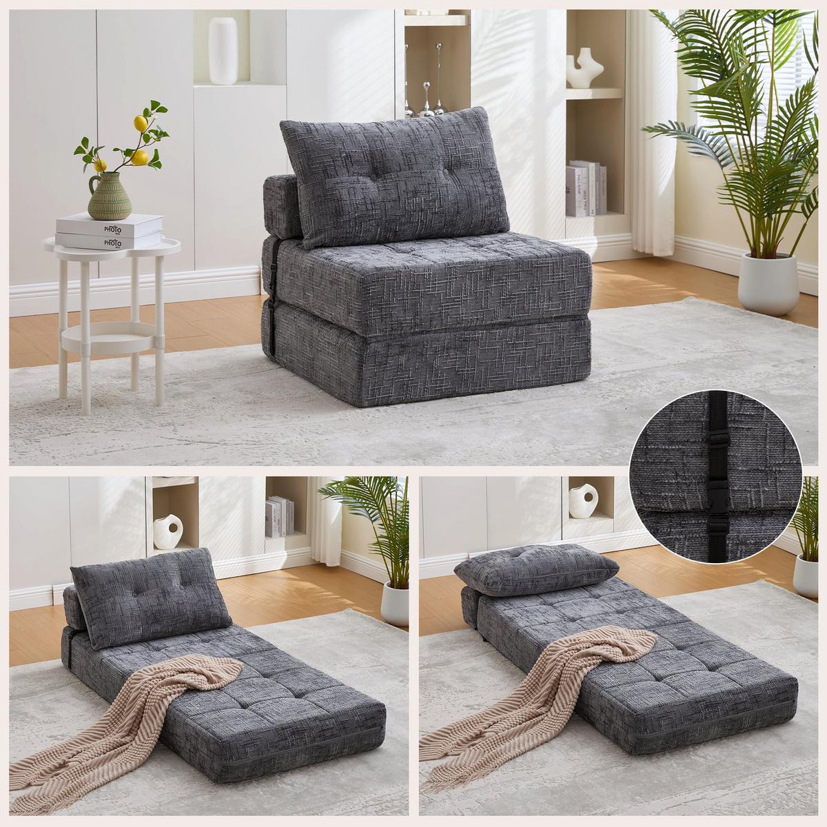 KLAPPBARER Chenille-Sessel mit Kissen, 79 x 79 x 57 cm, Grau - Grau, Textil (79/57/79cm) - Urban Meuble
