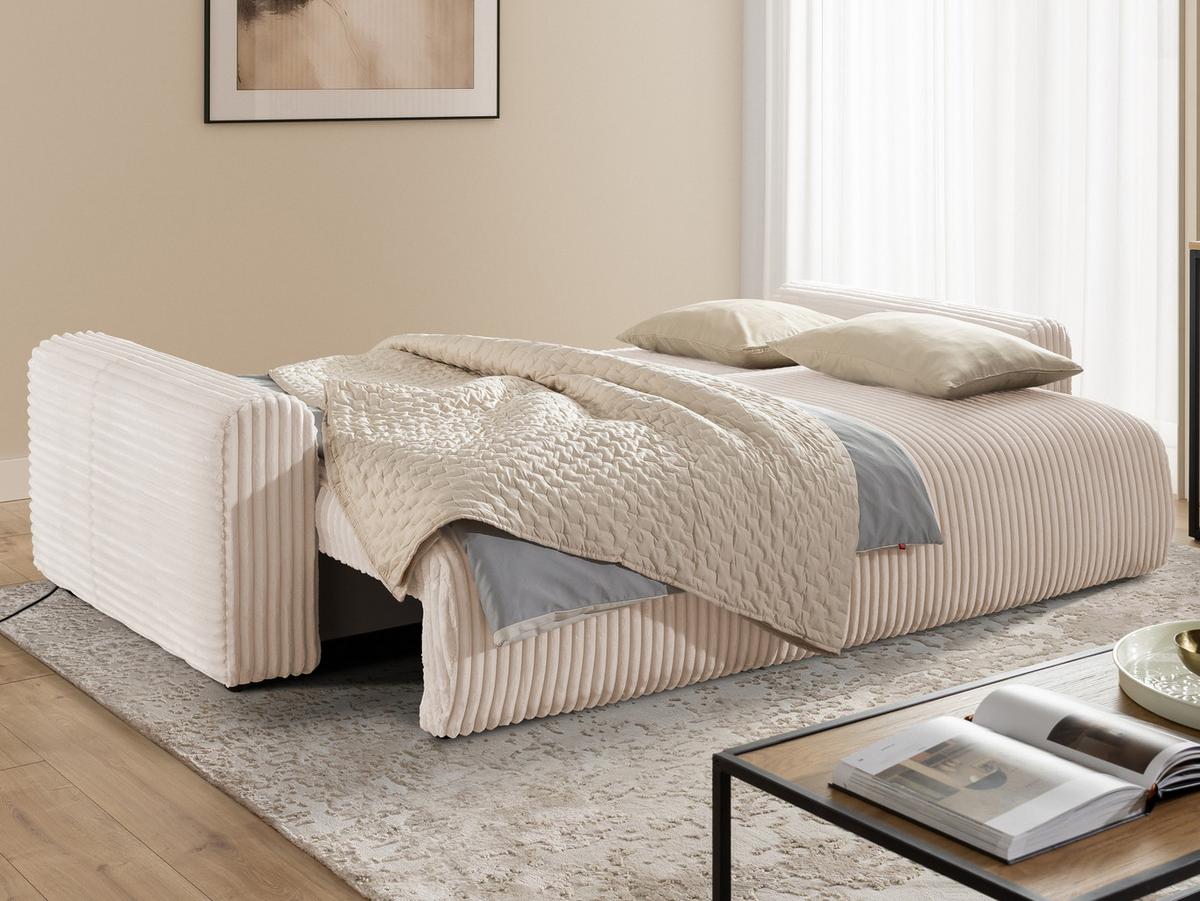 SCHLAFSOFA Calma mit Bettkasten im Bumpy-Design aus weichem Hellbeige Plüschcord - Beige/Schwarz, Holz/Kunststoff (239/88/98cm) - S-Style