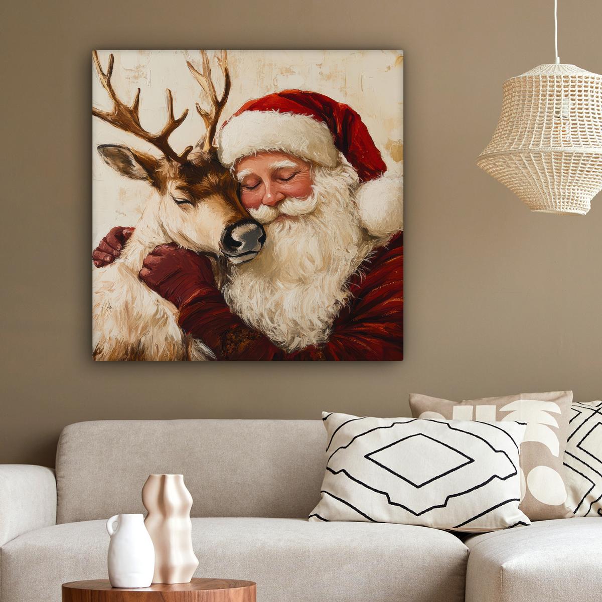 LEINWANDBILD Weihnachtsmann - Rentier - Weihnachten Deko Groß 90x90 cm - Rotbraun, Textil (90/90cm) - MuchoWow