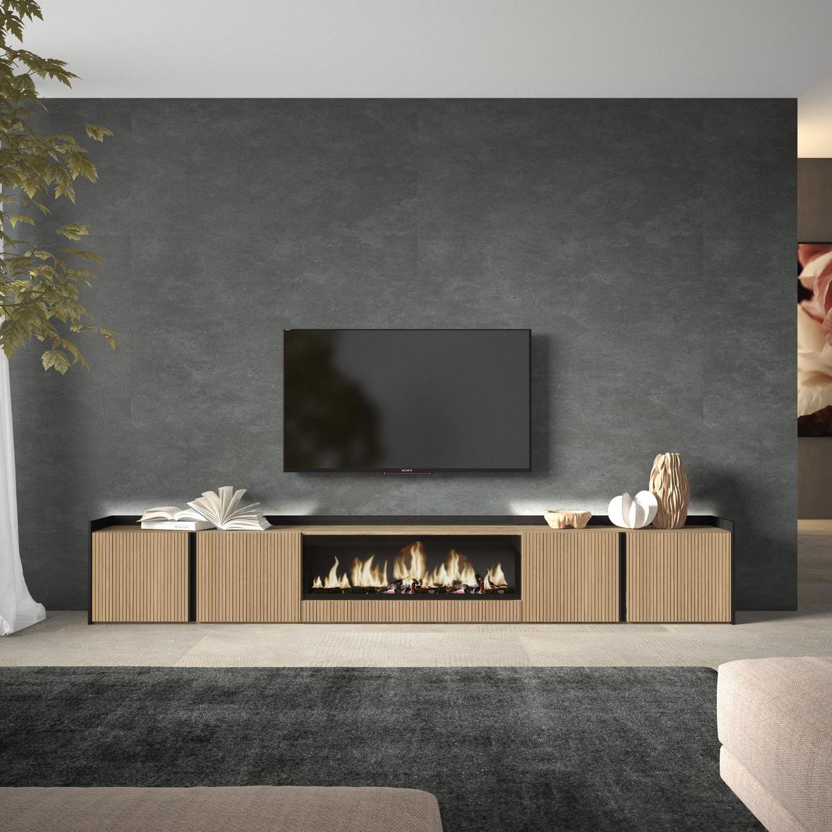 LOWBOARD, Eiche und Schwarz, 315/35/50cm, Elektrokamin XXL, Led - Eichefarben, Holzwerkstoff (315/50/35cm) - Skraut Home