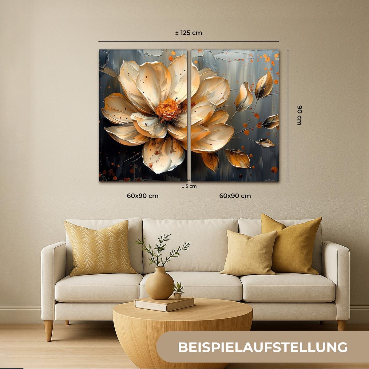 LEINWANDBILD 2er Set Blume - Gold - Abstrakt - Farbe 120x90 cm - Creme, Textil (120/90cm) - MuchoWow