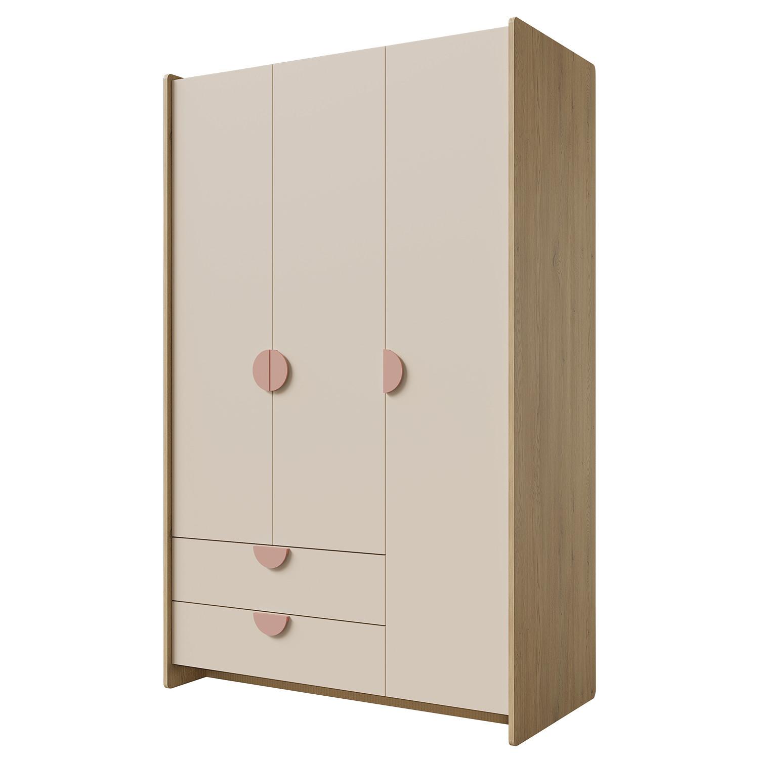 DREHTÜRENSCHRANK Lena mit 3 Türen und 2 Schubladen, 120 cm, für Jugendliche, Eiche Cremona/Macadamia/Puderrosa - Eichefarben/Beige, Holzwerkstoff (123/198/60cm) - Beautysofa