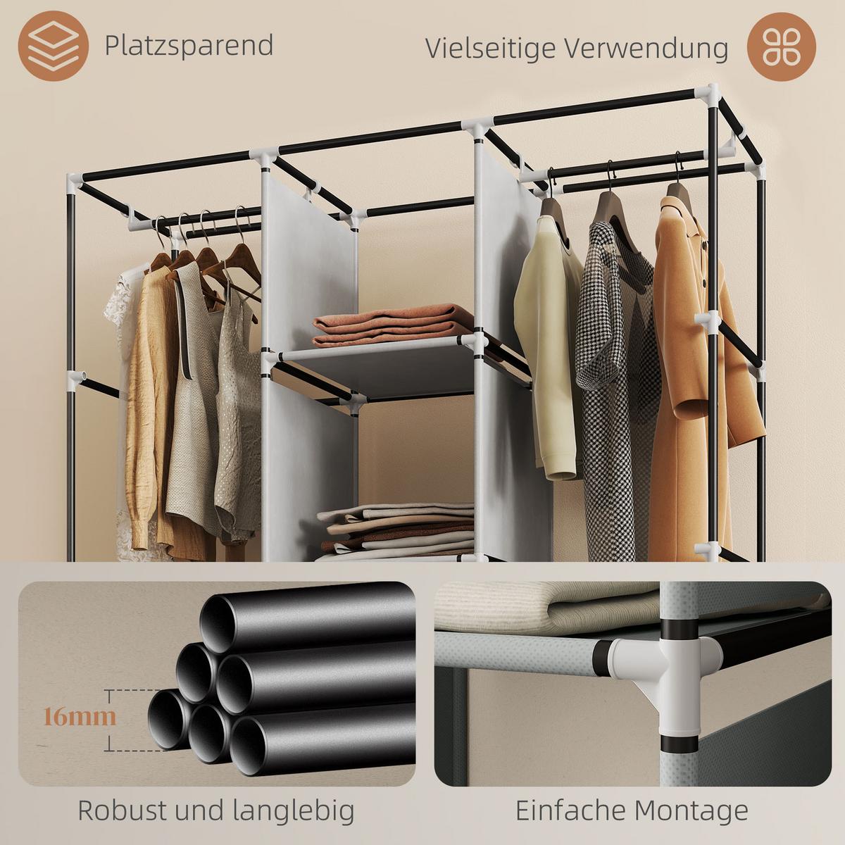 STOFFSCHRANK Faltschrank Kleiderschrank mit Kleiderstangen 8 Ebenen Hellgrau - Hellgrau/Schwarz, Kunststoff/Textil (43/162.5/125cm) - HOMCOM