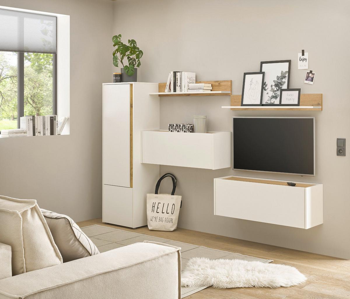 WOHNWAND Sekretär weiß, Wotan Eiche, Wohnkombination 5-teilig 250 cm - Eiche Wotan/Silberfarben, Holzwerkstoff/Kunststoff (250/157/40cm) - Furn.Design