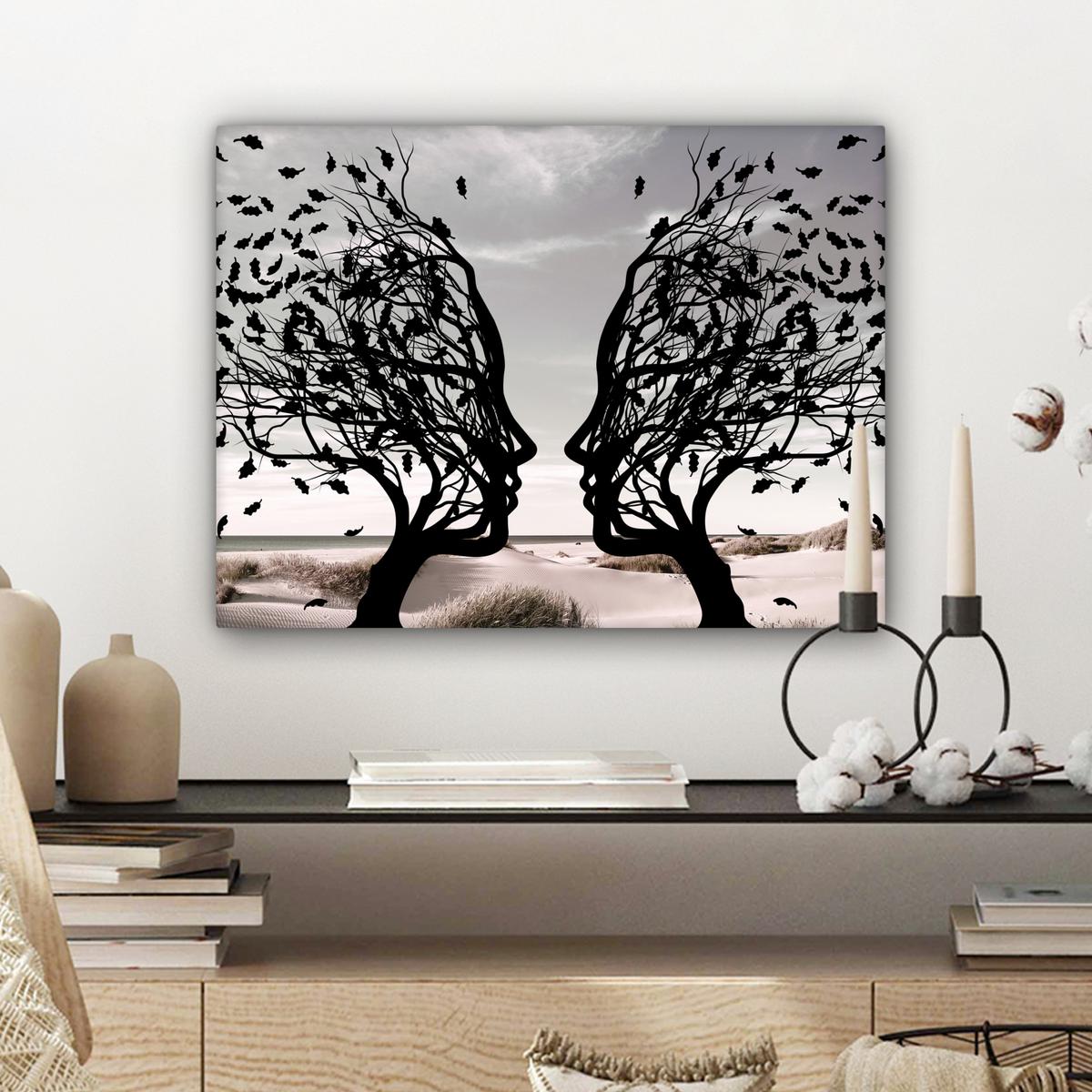 LEINWANDBILD Strand - Meer - Menschen - Baum - Moderne Kunst Wandbild 40x30 cm - Hellgrau, Textil (40/30cm) - MuchoWow