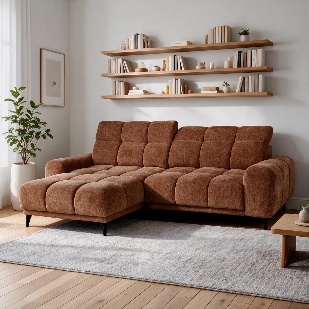 ECKSOFA Marco Mini mit elektrisch ausfahrbarem Sitz und verstellbaren Kopfstützen, Links, Chenille-Stoff, Dunkelorange - Dunkelorange/Schwarz, Textil (275/182cm) - Beautysofa