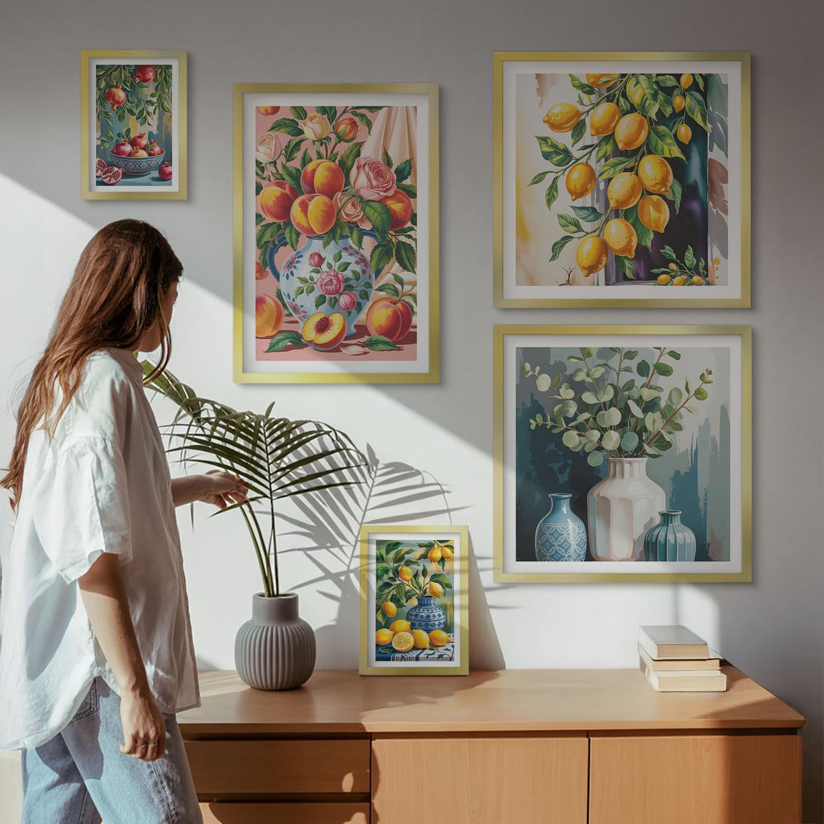 BILDER SET 5er Set - 50x50 cm & 20x30 cm & 40x60 cm Goldrahmen - Amalfi-Zitronen und -Orangen - Goldfarben, Kunststoff (40/60cm) - TULUP