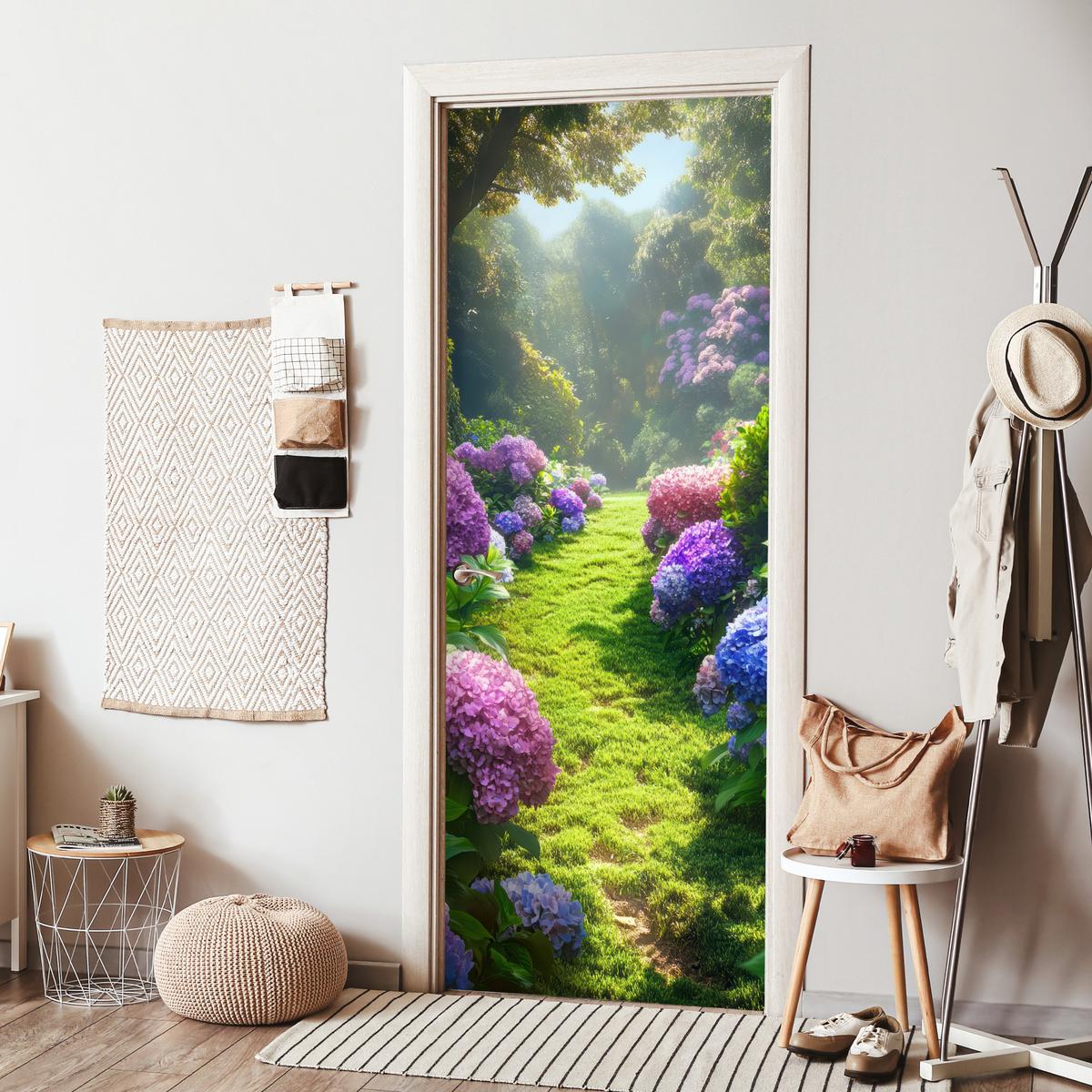 TÜRAUFKLEBER Natur - Hortensie - Blumen - Grün 90x235 cm - Türtapete - Hellgrün, Kunststoff (90/0.1cm) - MuchoWow