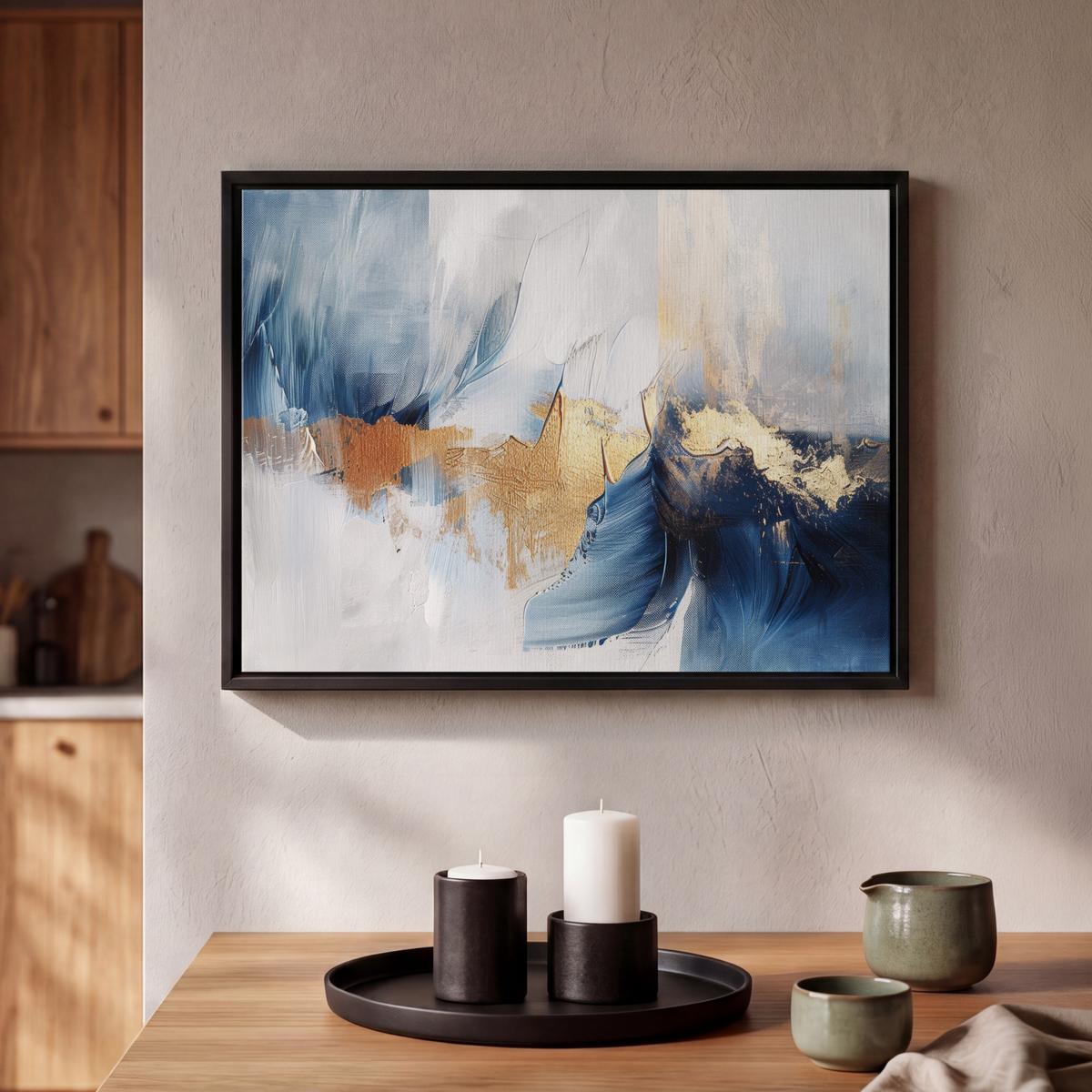 LEINWAND Bilder mit Rahmen - Gold - Blau - Aquarell - Kunst - Modern - 40x30 - Hellblau, Textil (40/30cm) - MuchoWow
