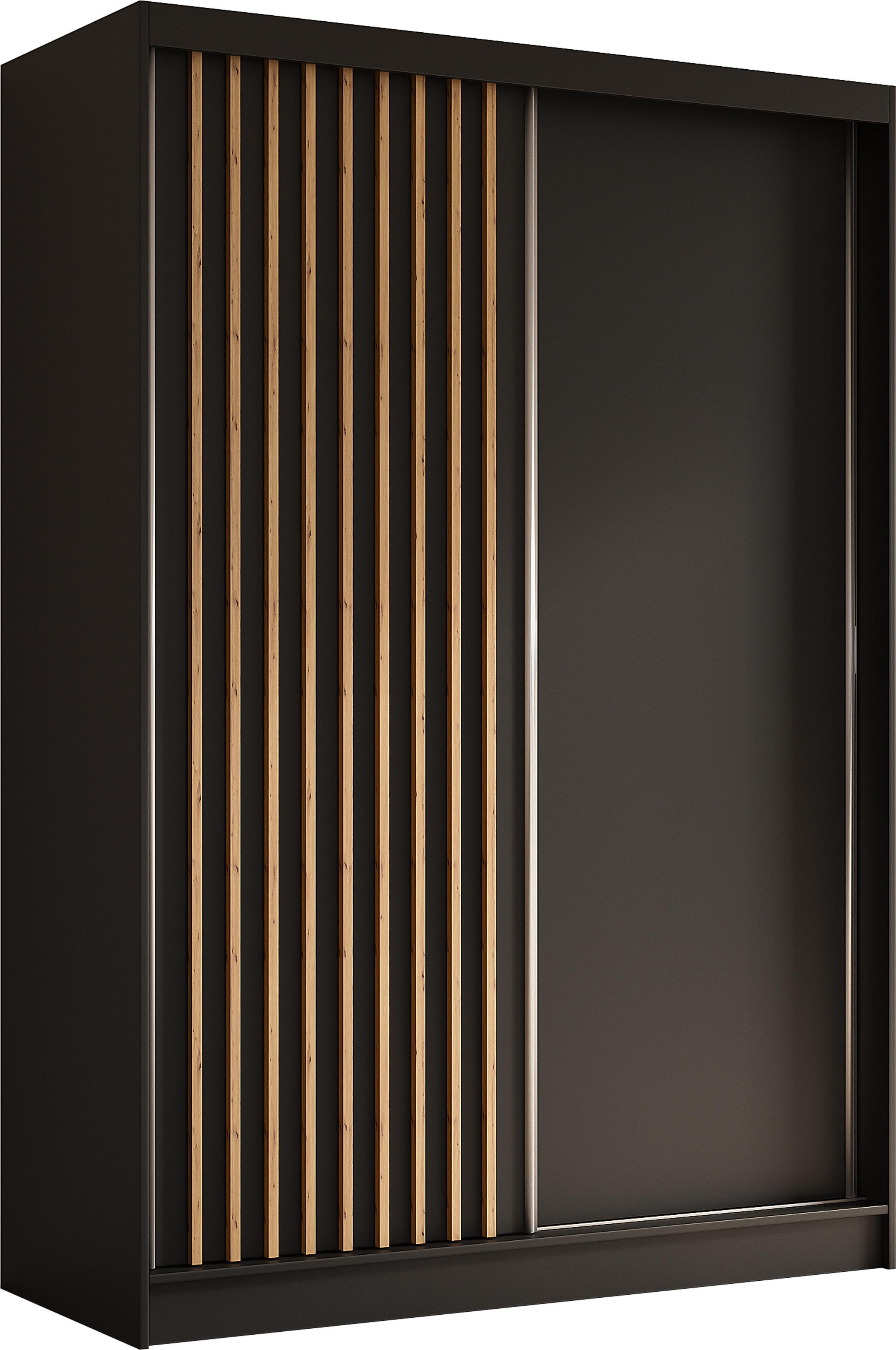 SCHWEBETÜRENSCHRANK Cabinio Schwarz Eiche Artisan 150/216/61 cm – Modern, mit Lamellen - Walnussfarben/Schwarz, Holzwerkstoff/Kunststoff (150/216.1/61cm) - AX Living