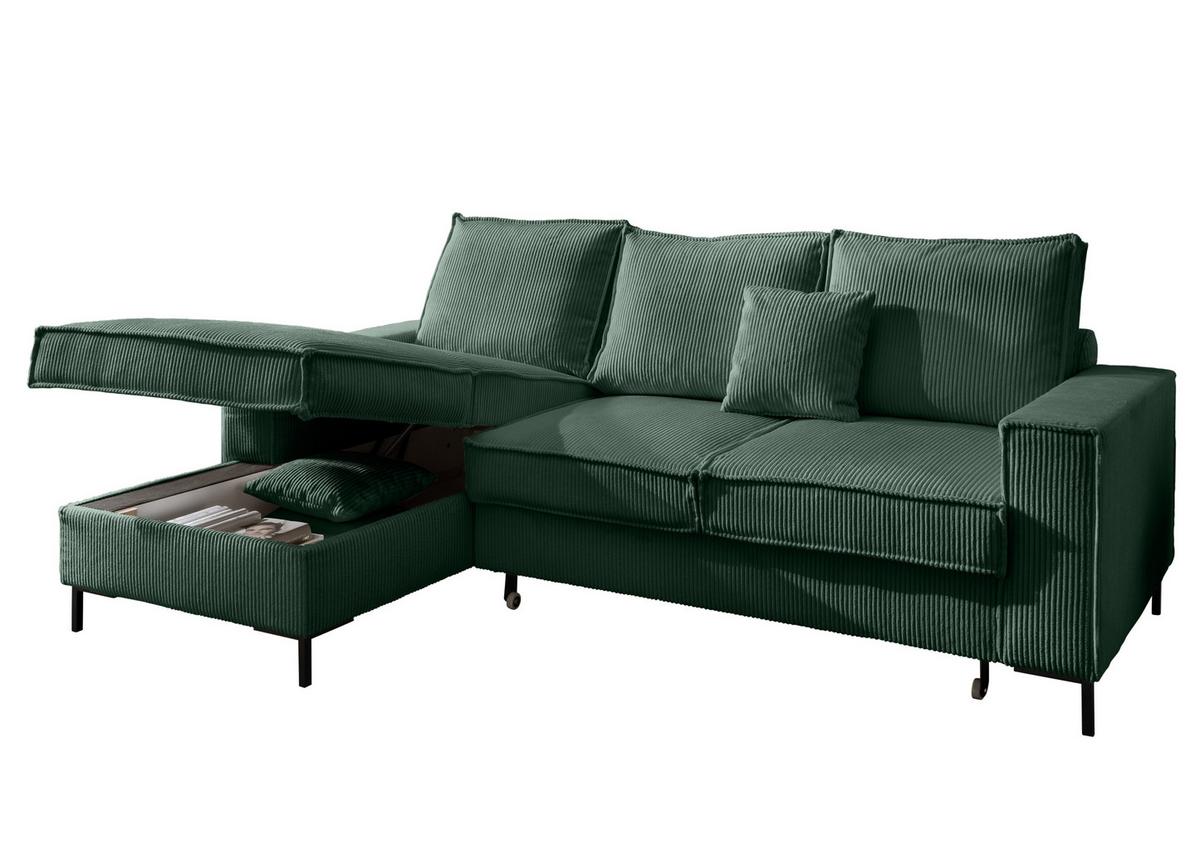 ECKSOFA mit Schlaffunktion, Bettkasten, Wellenunterfederung, Récamiere links B240/T150/H92 cm, Liegefl. 125x198 cm, Cord Grün / 17224 - Schwarz/Grün, Textil/Metall (240/150cm) - luma-home
