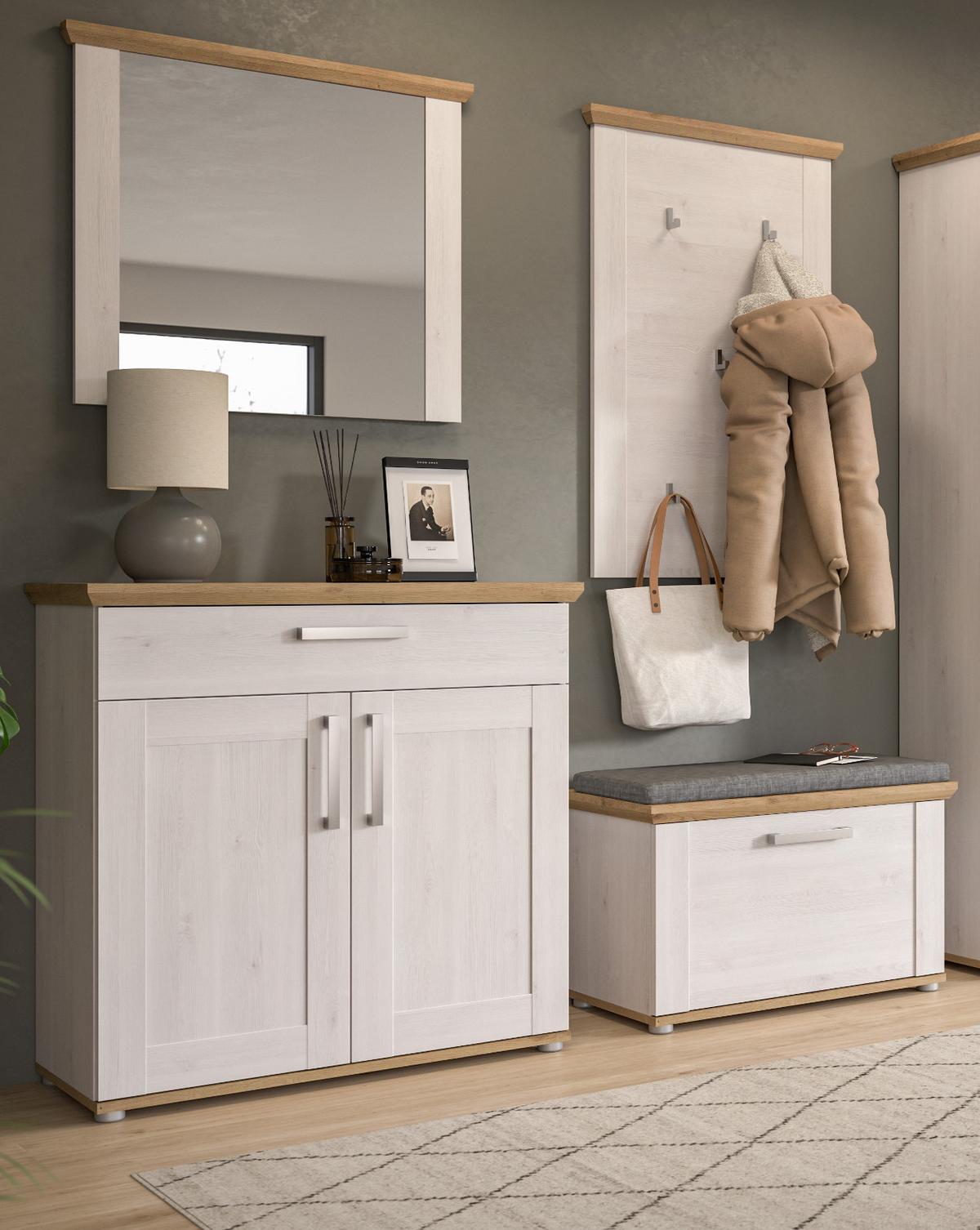 GARDEROBE Set 4-teilig weiß Lärche 190 cm, Komplettset im Landhaus-Stil - Silberfarben/Weiß, Glas/Holzwerkstoff (190/196/39cm) - Inn.Furn