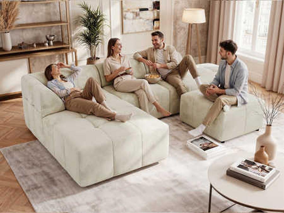 ECKSOFA GRIDA 4M L Beige Velvet - Links - Beige/Schwarz, Kunststoff/Textil (335/176cm) - MKS