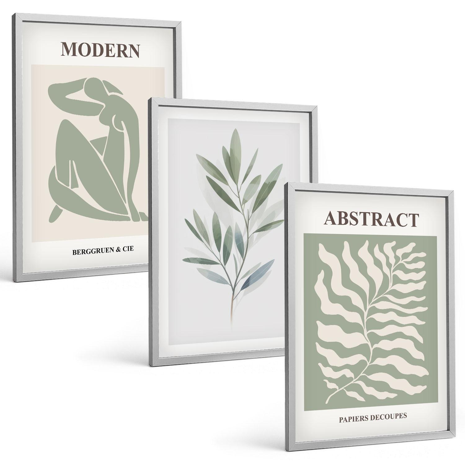 BILDER SET 3er Set - 40x60 cm Silberner Rahmen - Matisse Aquarell Boho-Design - Silberfarben, Kunststoff (40/60cm) - TULUP