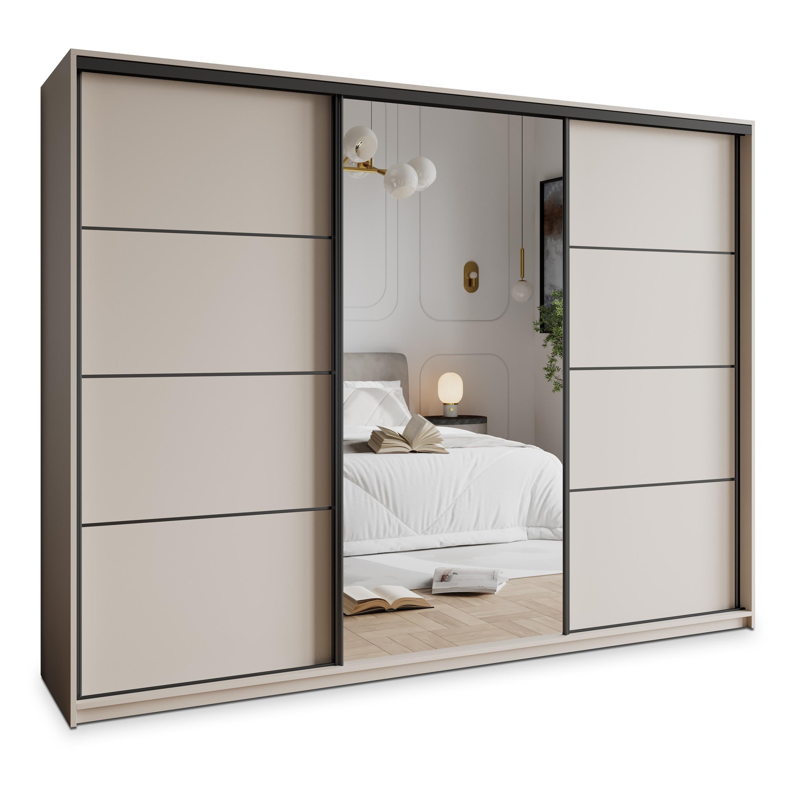 SCHWEBETÜRENSCHRANK VARO 250/205/60 cm 3-türig mit Spiegel und Schubladen Kaschmir - Kaschmir/Schwarz, Holzwerkstoff (250/205/60cm) - MASSENO