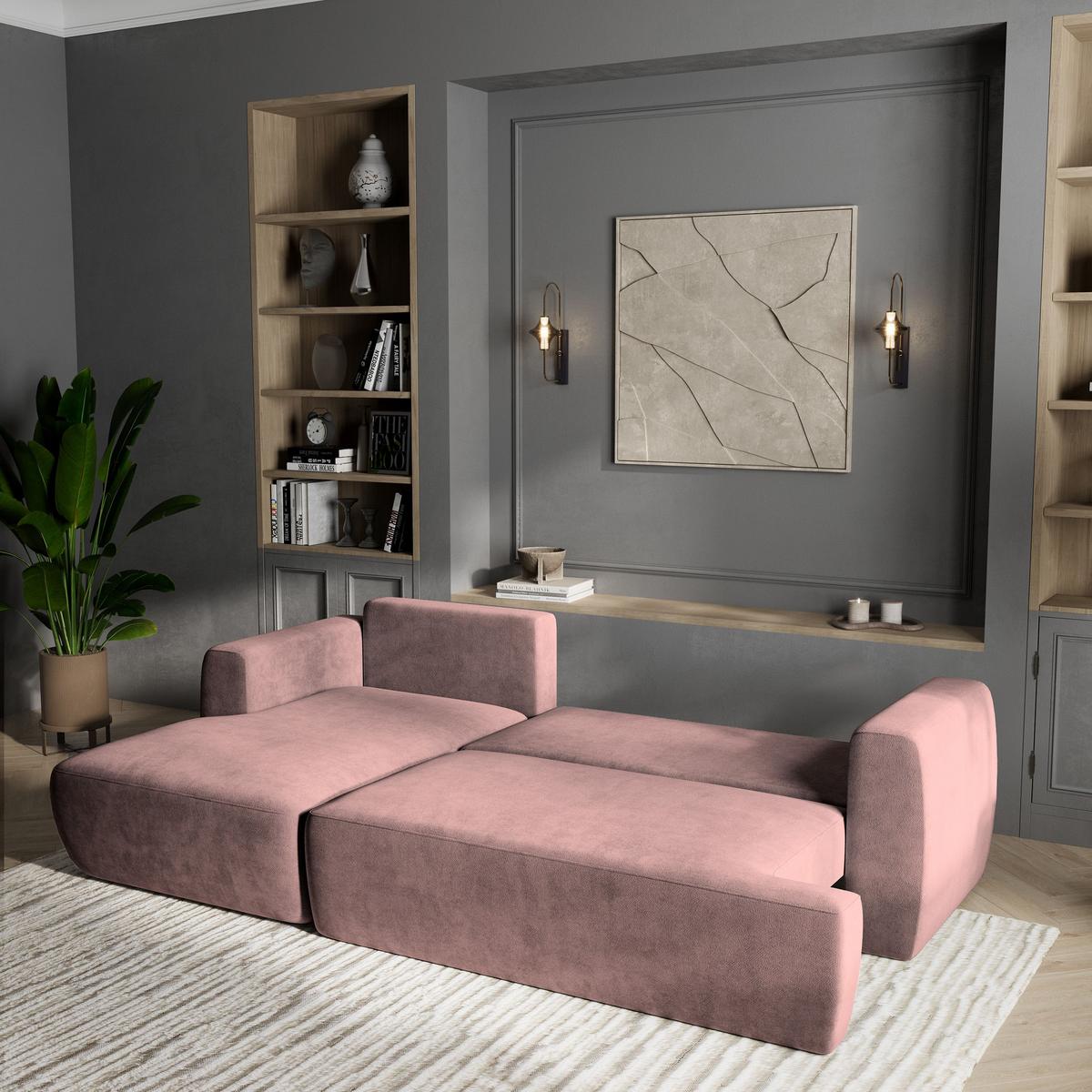 ECKSOFA SENTI K L-S Rosa Plüsch-Stoff mit Schlaffunktion - Schwarz/Rosa, Holz/Kunststoff (246/148cm) - MASSENO