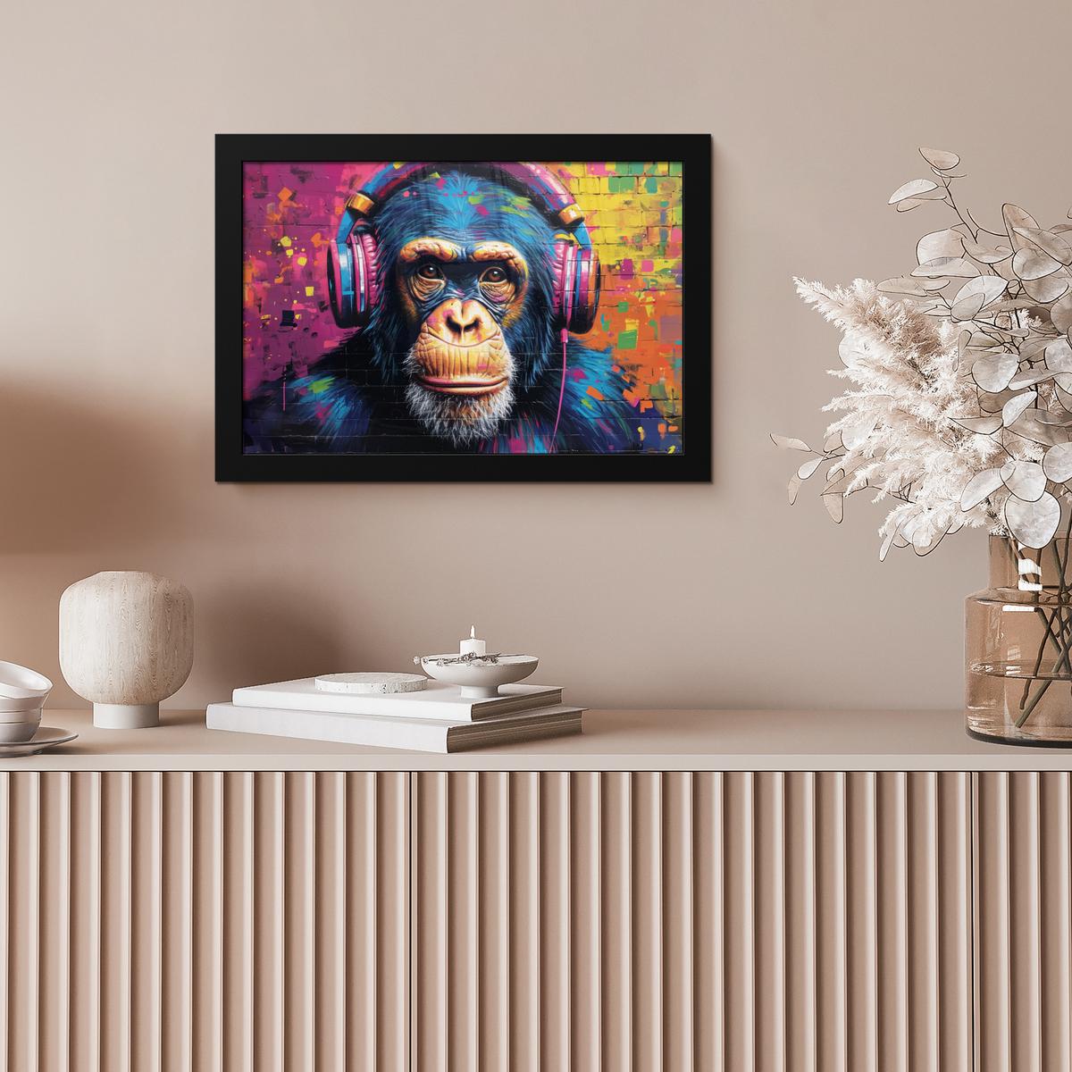 POSTER MIT RAHMENGERAHMTES BILD Graffiti - Schimpanse - Straßenkunst - Kopfhörer - Affe 30x20 cm - Blau, Papier (30/20cm) - MuchoWow