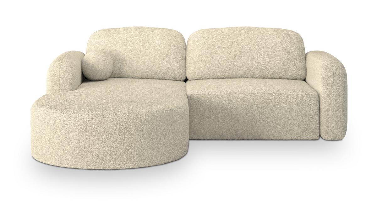 ECKSOFA AMILIA L-S Creme Boucle-Stoff mit Schlaffunktion - Creme, Holz (263/174cm) - MASSENO