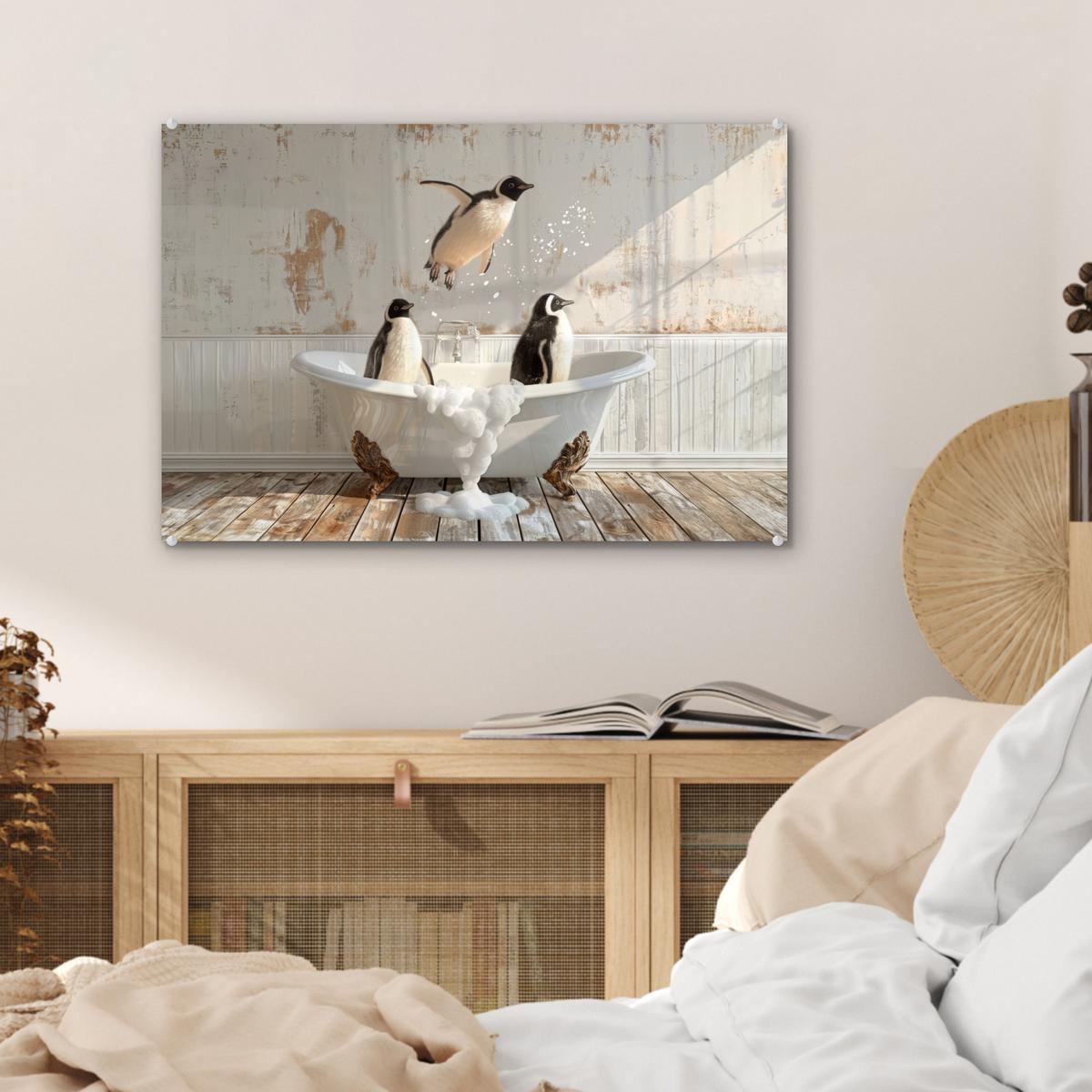 ACRYLGLASBILD Vintage - Pinguin - Badewanne - Schaumstoff Wanddeko 60x40 cm - Schwarz, Glas (60/40cm) - MuchoWow