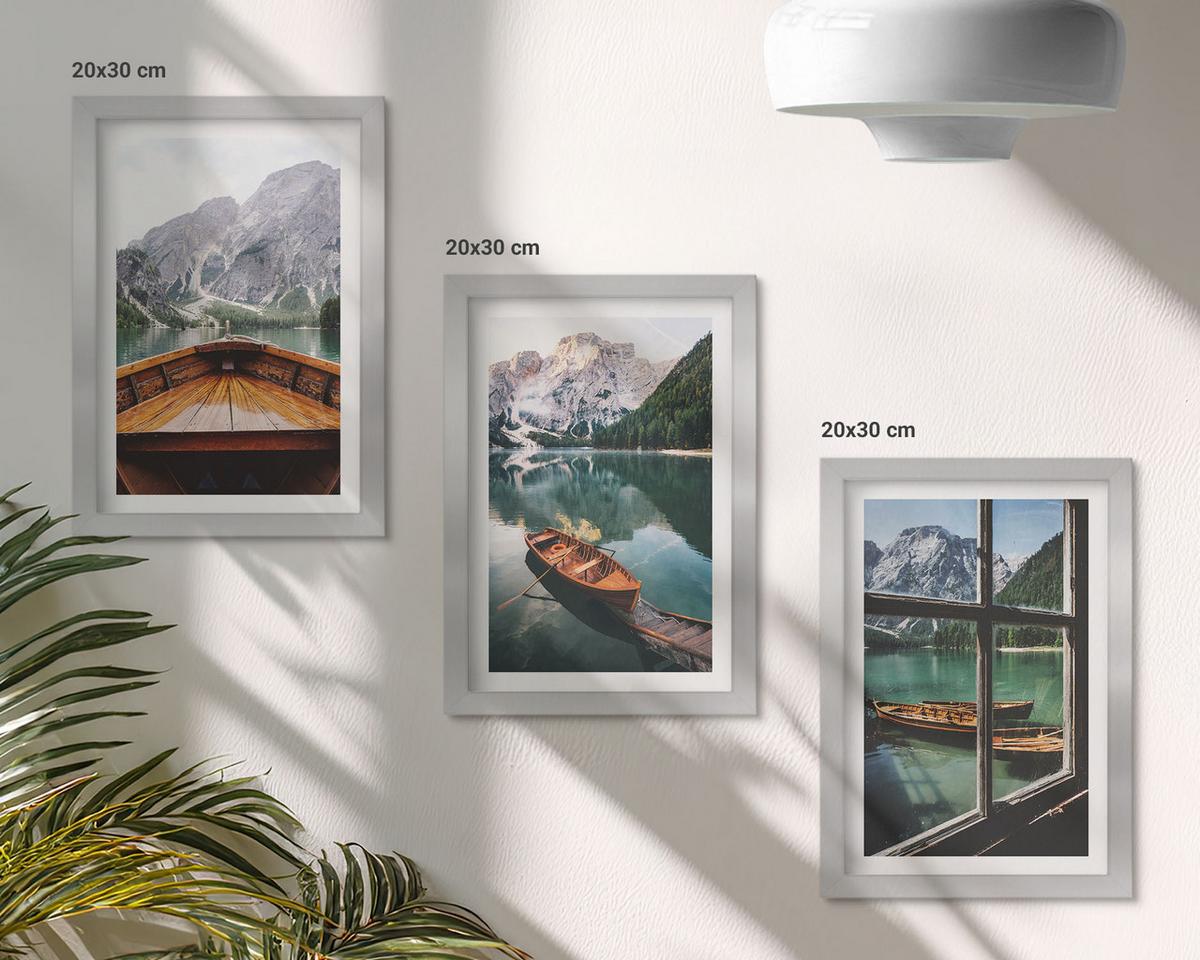 BILDER SET 3er Set - 20x30 cm Silberner Rahmen - Fenster für Boote auf dem Bergsee - Silberfarben, Kunststoff (20/30cm) - TULUP