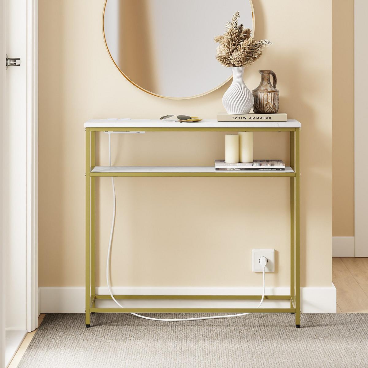 KONSOLENTISCH mit 2 Ablagen und 2 Steckdosen modern 80x30x75 cm - Goldfarben/Weiß, Holzwerkstoff/Metall (30/80/75cm) - SoBuy