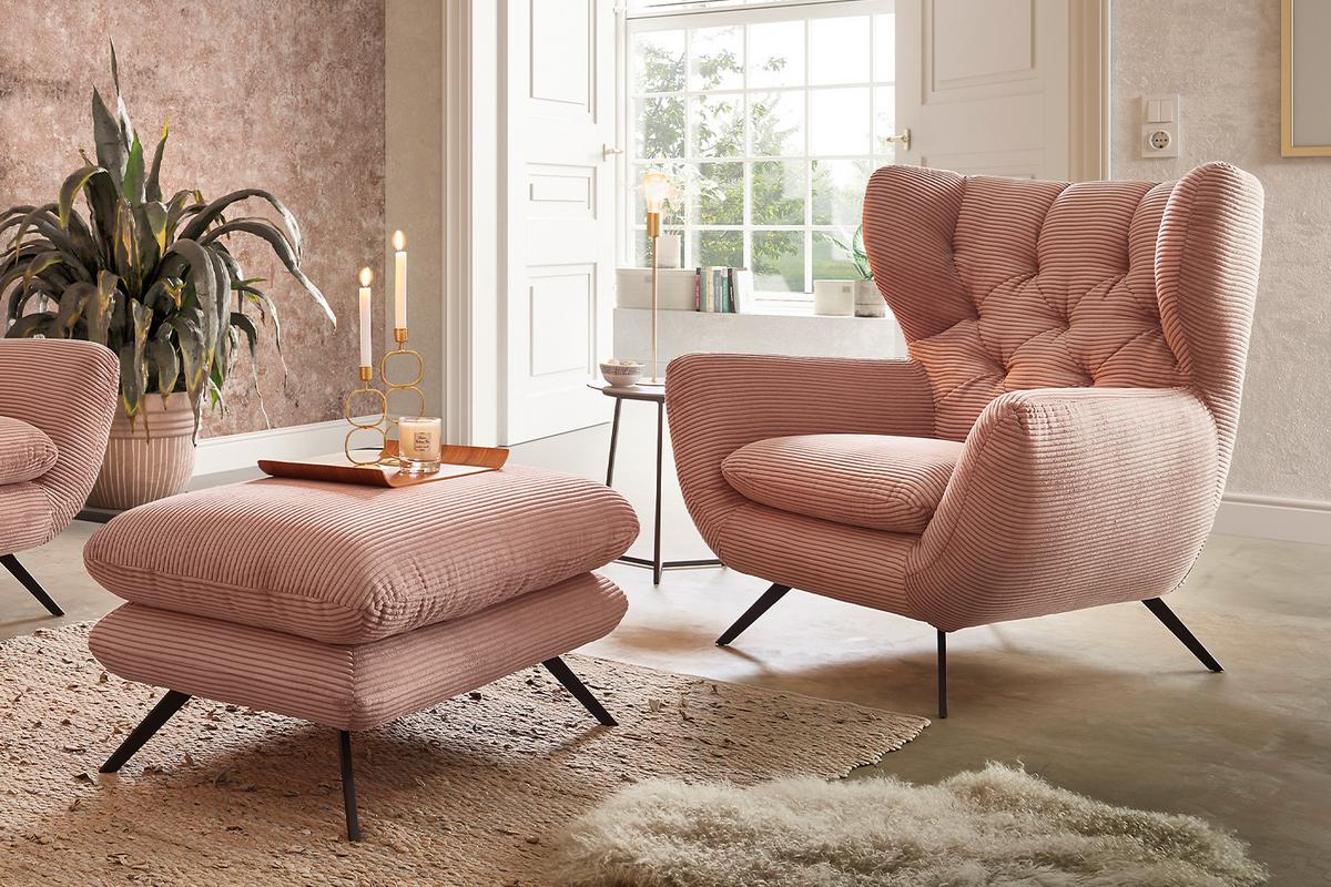 SESSEL CHARME Rosé Cord - Schwarz/Rosa, Textil/Metall (100/106/95cm) - KAWOLA