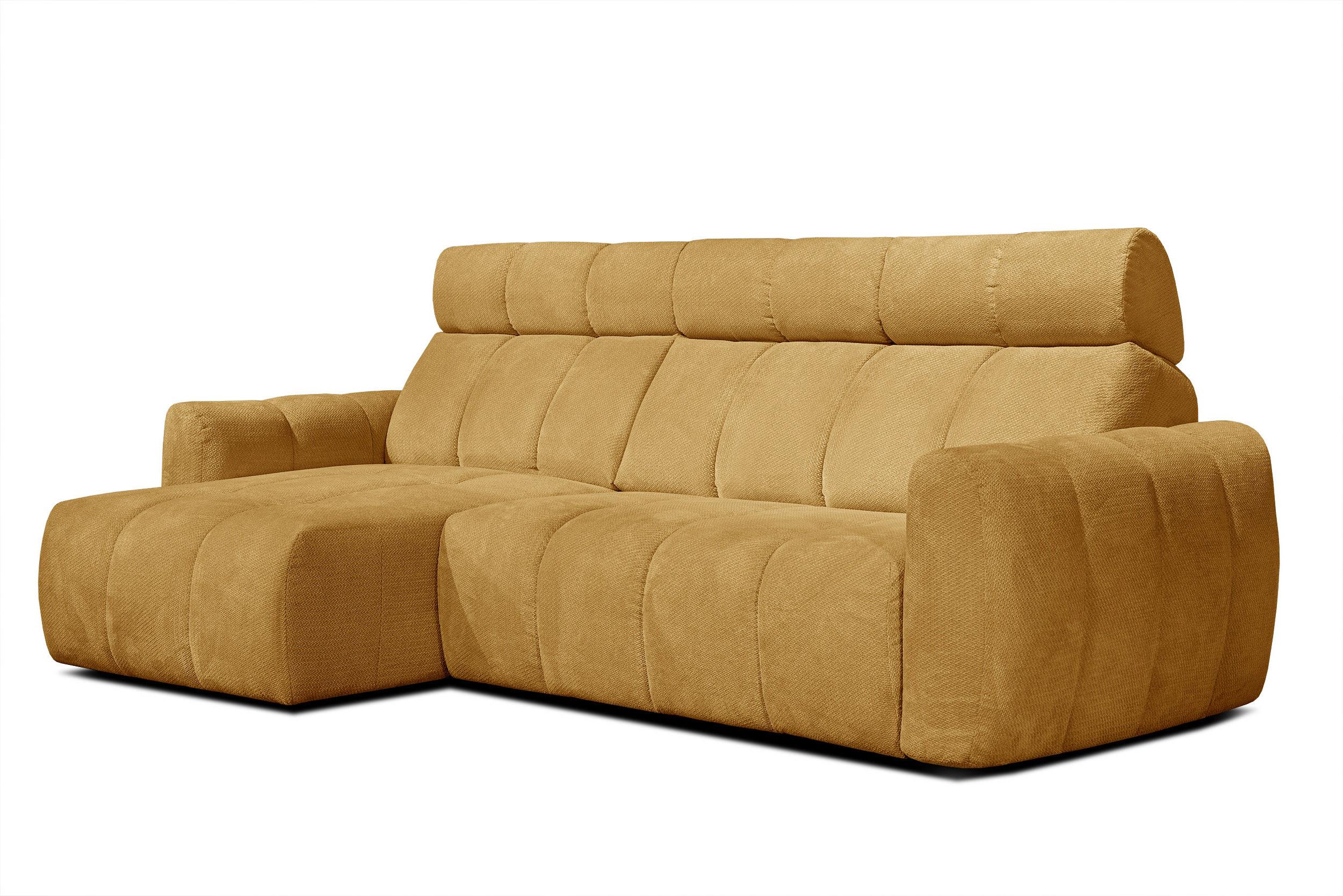 ECKSOFA KIMI 3-Sitzer, ausziehbarer Sitz, verstellbare Kopfstützen, senfgelb - Gelb/Schwarz, Holzwerkstoff/Textil (270/160cm) - Wozimo