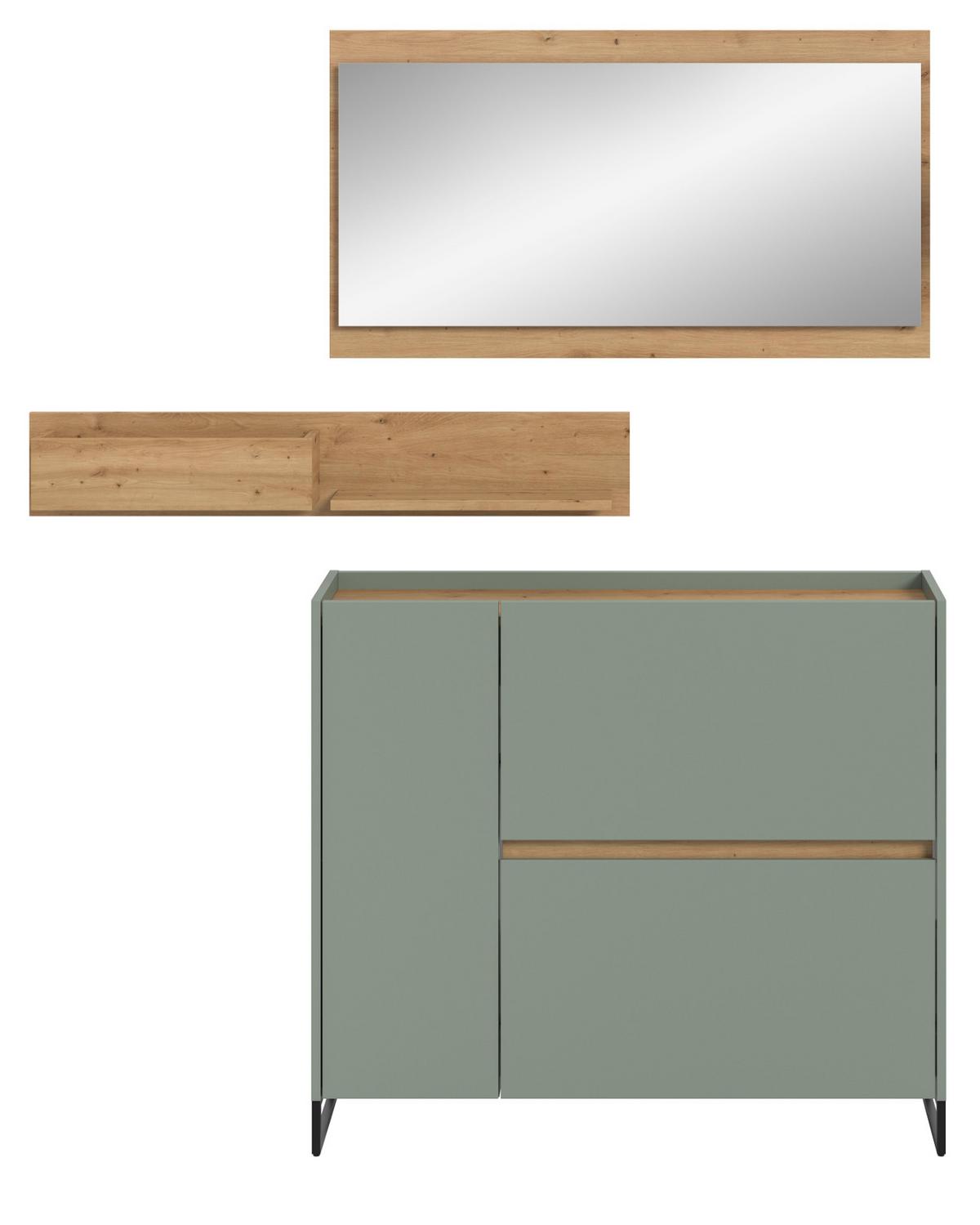 GARDEROBE-SET Salbei und Artisan Eiche, Garderobe 3-teilig, 140 x 192 cm, Soft-Close, Borga - Salbeigrün/Schwarz, Holzwerkstoff/Metall (140/192/32cm) - Inn.Furn