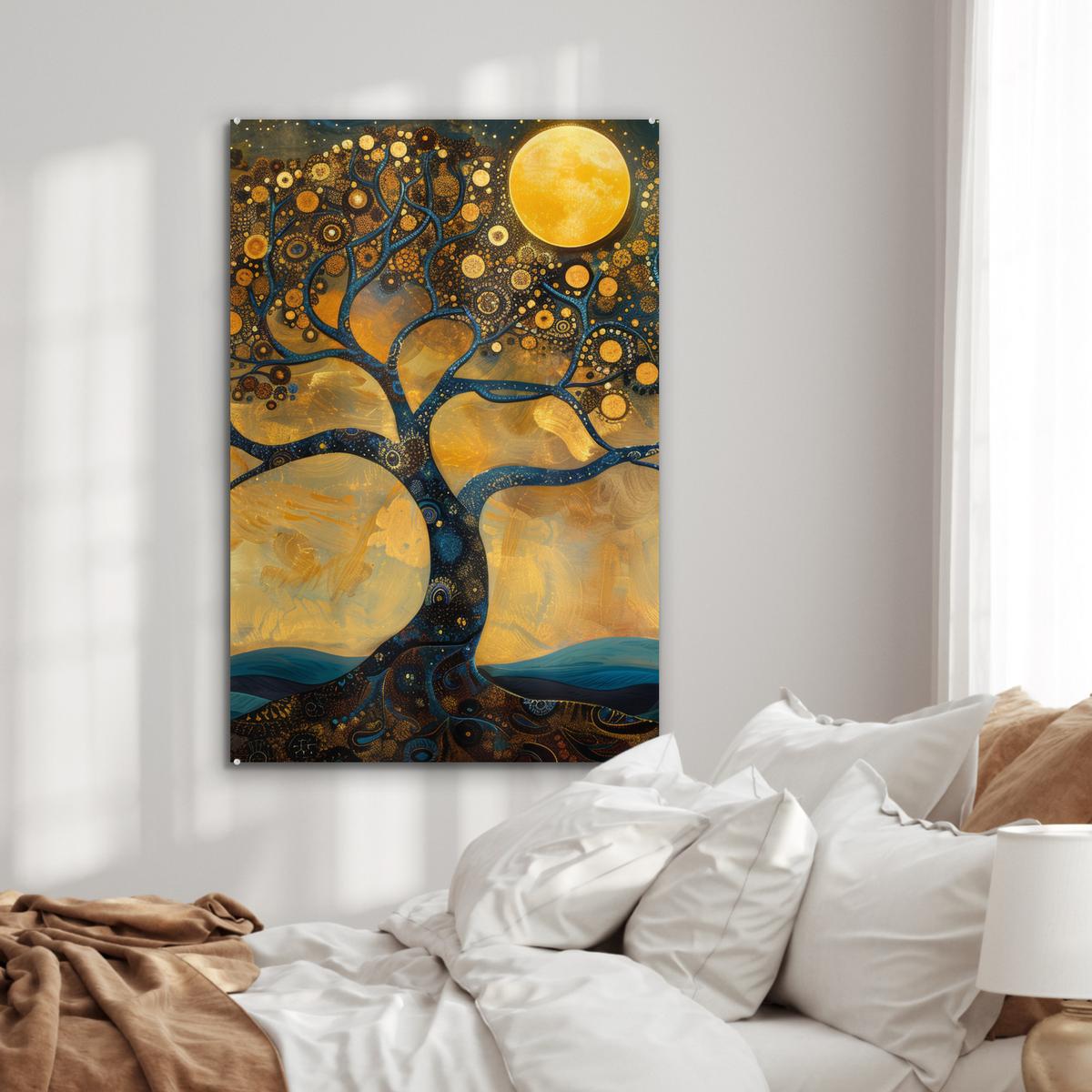 ACRYLGLASBILD Baum - Mond - Blumen - Gold - Kunst 80x120 cm - Orange, Glas (80/120cm) - MuchoWow