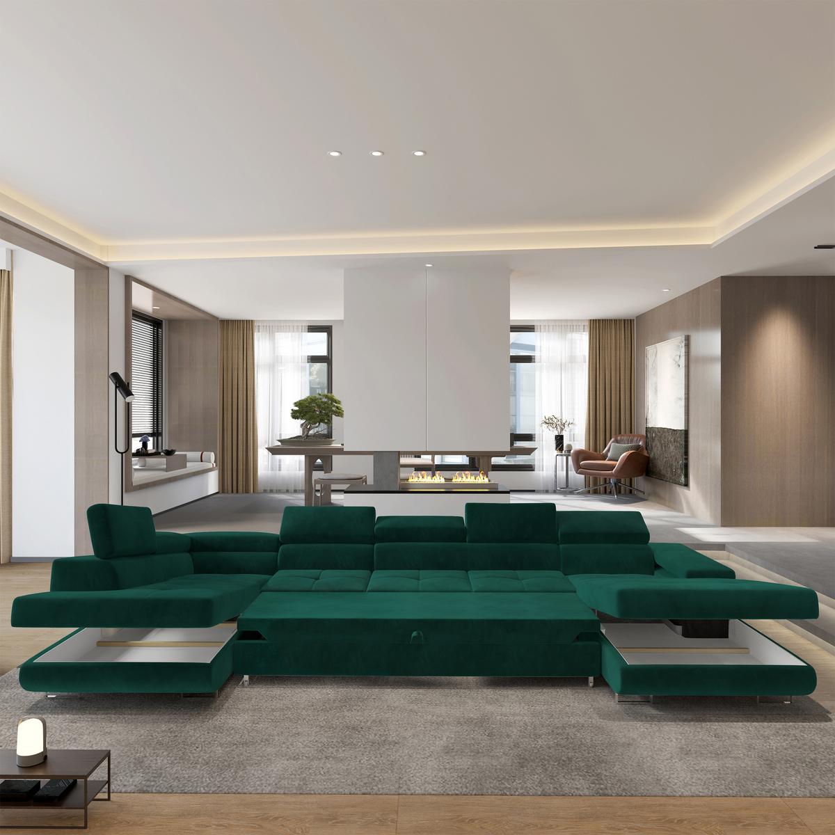 WOHNLANDSCHAFT TORIVA L-S Grün Velours-Stoff mit Schlaffunktion - Grün, Holz (418/90/202cm) - MASSENO