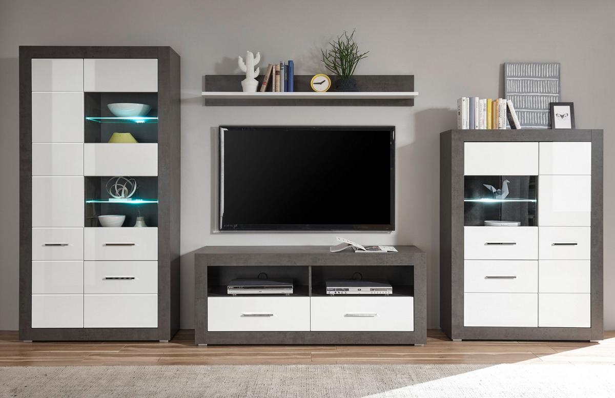 VITRINE weiß Hochglanz, grau Stone 100 cm, Vitrinenschrank 3-türig - Chromfarben/Weiß Hochglanz, Glas/Holzwerkstoff (100/142/35cm) - Furn.Design