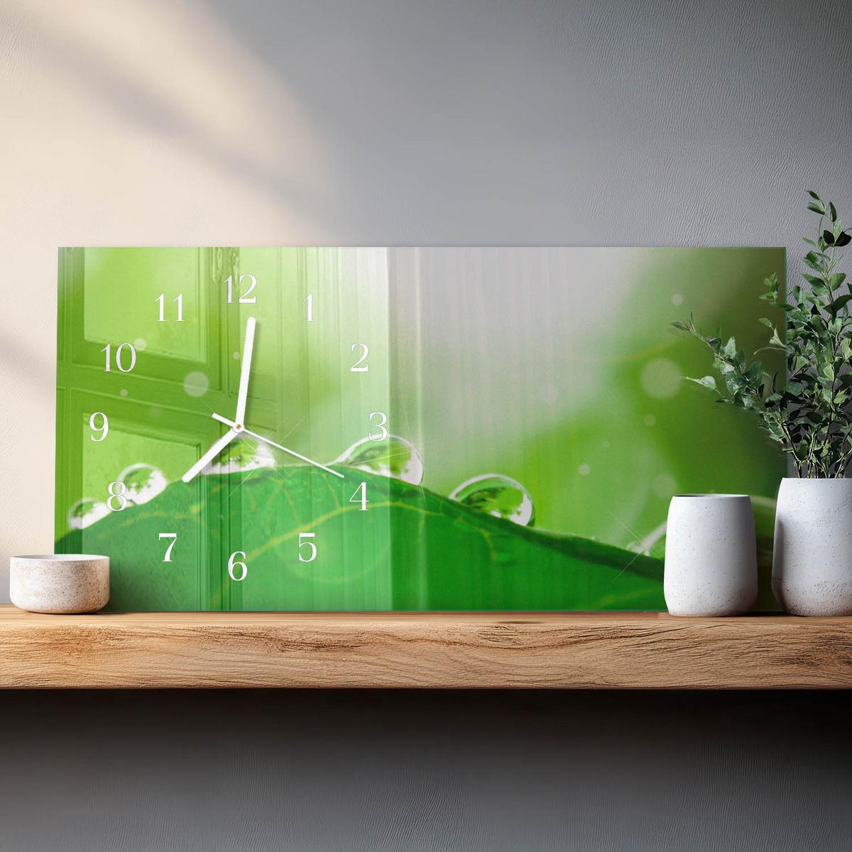 WANDUHR aus Glas 60x30 cm - Tau auf einem Blatt - Grün, Glas (60/30/0.4cm) - TULUP