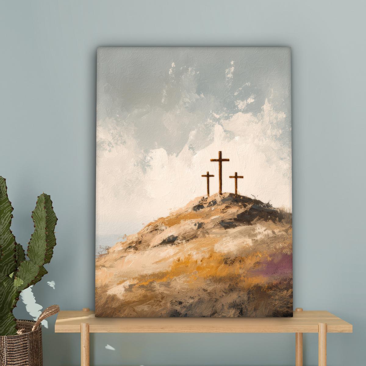 LEINWANDBILD Hügel - Abstrakt - Christentum - Kreuz Wandbild Wohnzimmer 60x80 cm - Hellgrau, Textil (60/80cm) - MuchoWow