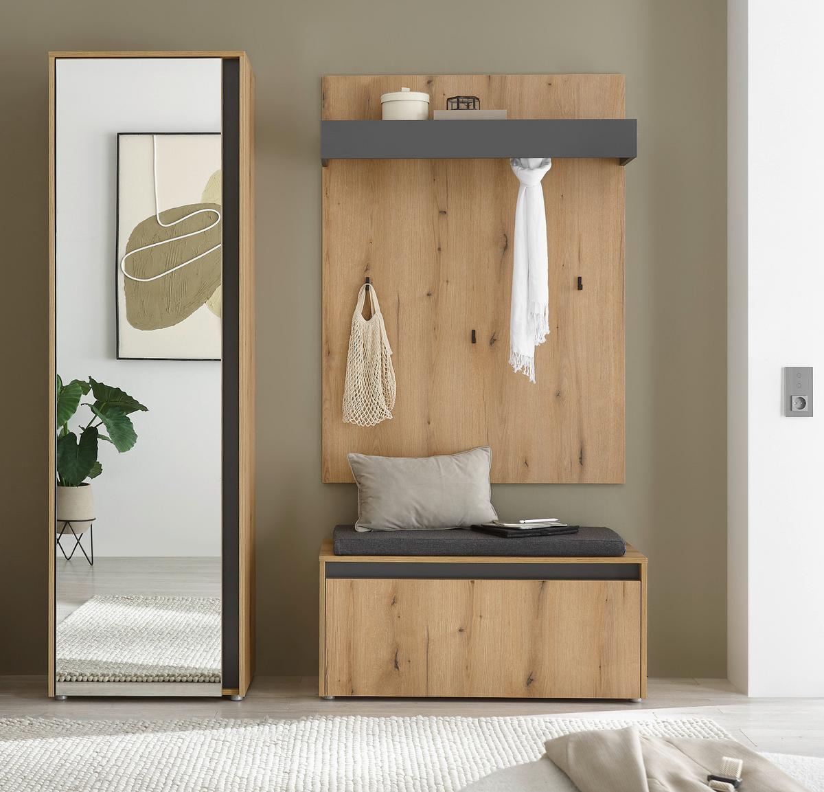 GARDEROBENSCHRANK Evoke Eiche, grau 60 x 200 cm, Flurschrank mit Spiegel - Eichefarben/Schwarz, Glas/Holzwerkstoff (60/200/40cm) - Furn.Design