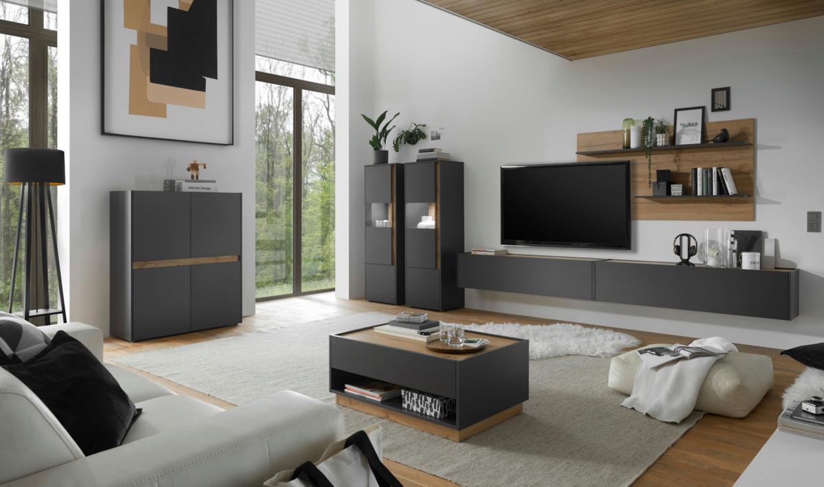 VITRINEN-SET 3-teilig grau matt, Wotan Eiche, Wohnkombination 3 x Vitrine, 190 x 155 cm - Anthrazit/Eiche Wotan, Holz/Holzwerkstoff (190/155/40cm) - Furn.Design