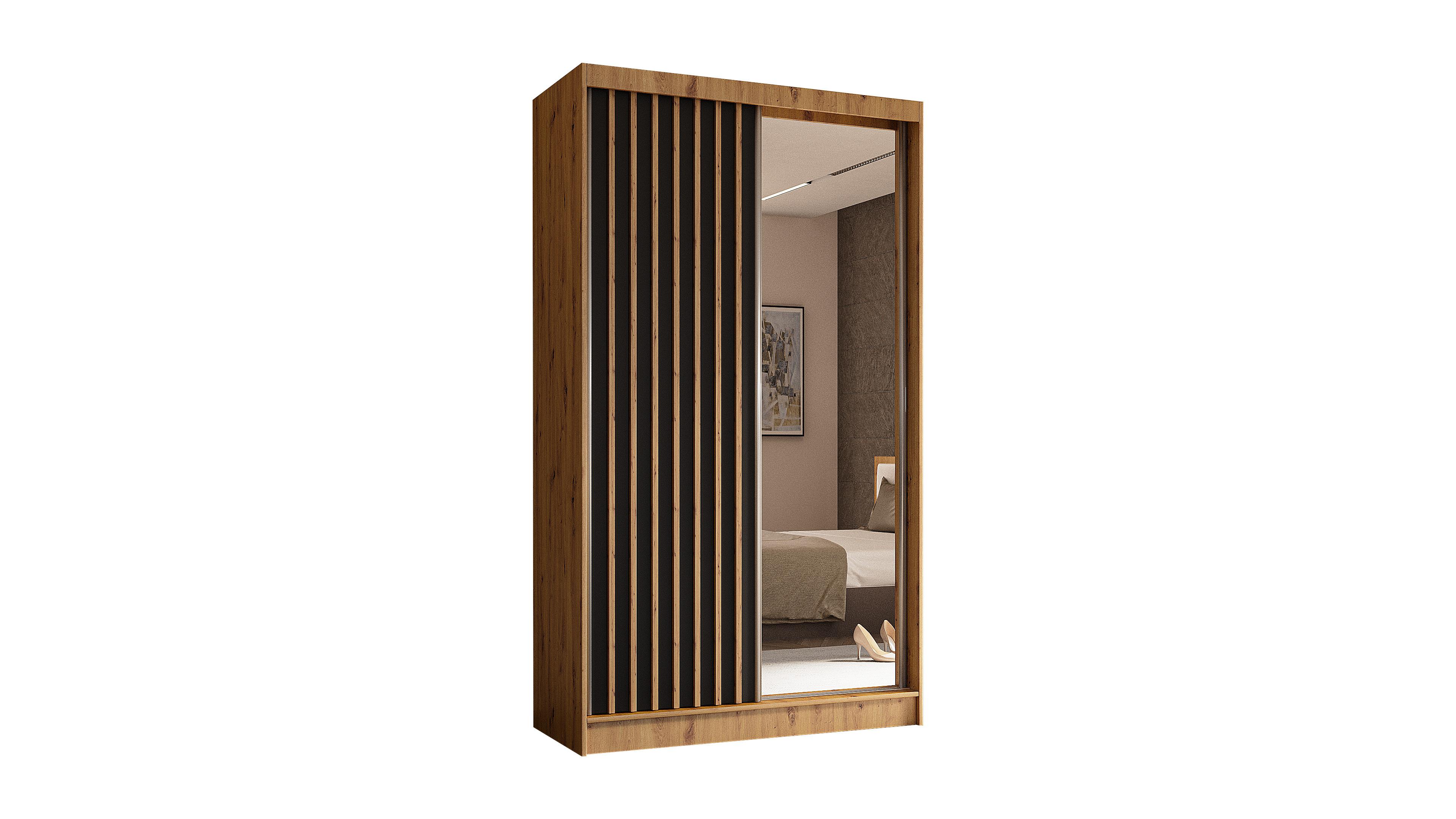 KLEIDERSCHRANK mit Spiegel-Schiebetüren und Aluminium-Leisten, LED-Beleuchtung - LAMELO- 120 cm Artisan+Schwarz+Artisan - Braun, Holzwerkstoff (120/216/61cm) - ALTDECOR