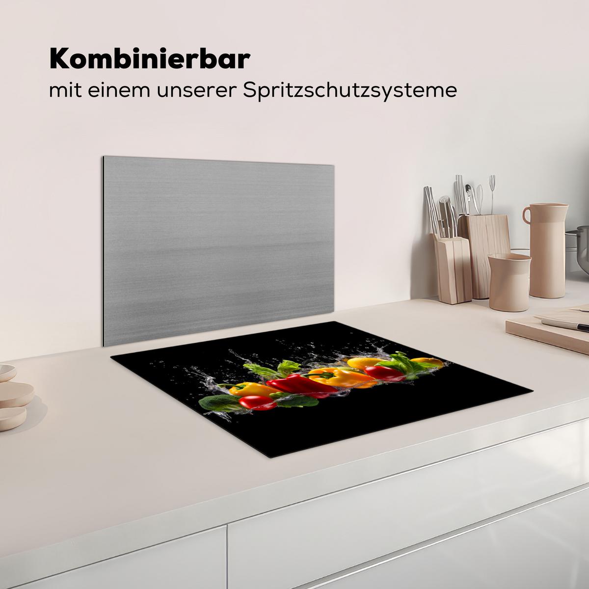 HERDABDECKPLATTE Paprika - Wasser - Gemüse - Schwarz Abdeckung Ceranfeld 57.6x51.6 cm - Multicolor, Kunststoff (57.6/51.6/0.2cm) - MuchoWow